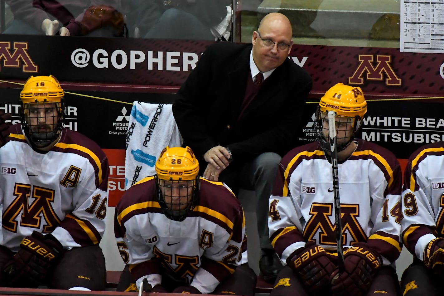 Gophers head coach Bob Motzko watched his team during the third period against Minnesota Duluth in October. The Gophers lost Friday night at home to St. Lawrence.