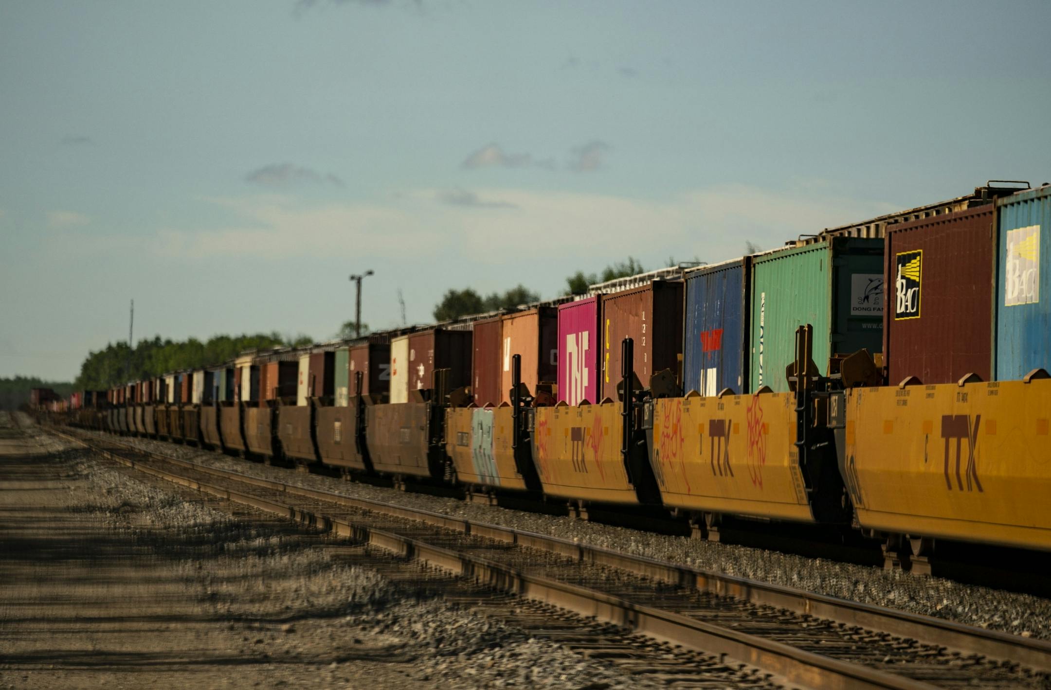 A Northbound train carrying storage containers waited to cross from International Falls, Minn. to Canada on Thursday morning.