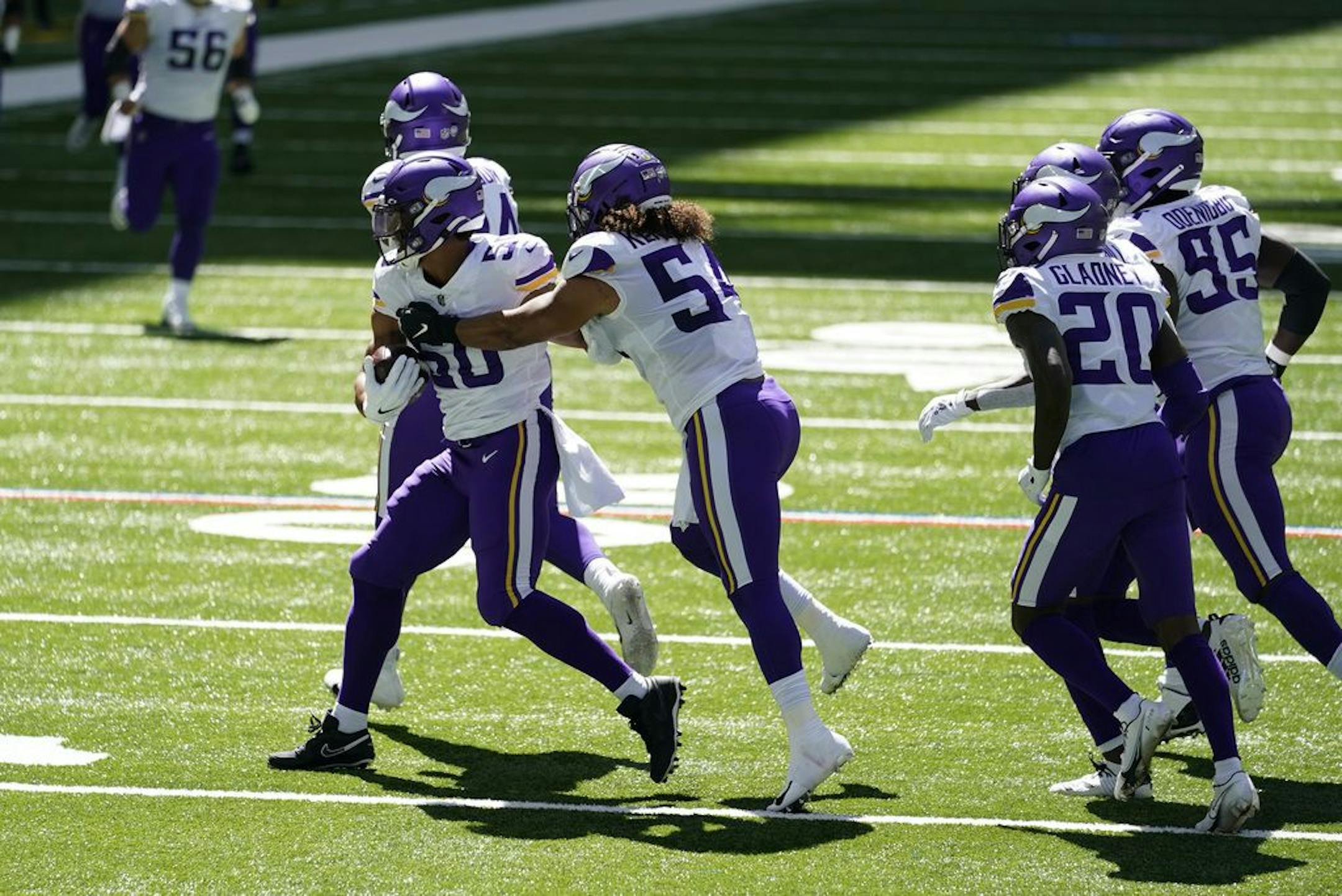 Minnesota Vikings linebacker Eric Wilson (50) celebrates an interception during the first half of an NFL football game against the Indianapolis Colts, Sunday, Sept. 20, 2020, in Indianapolis.