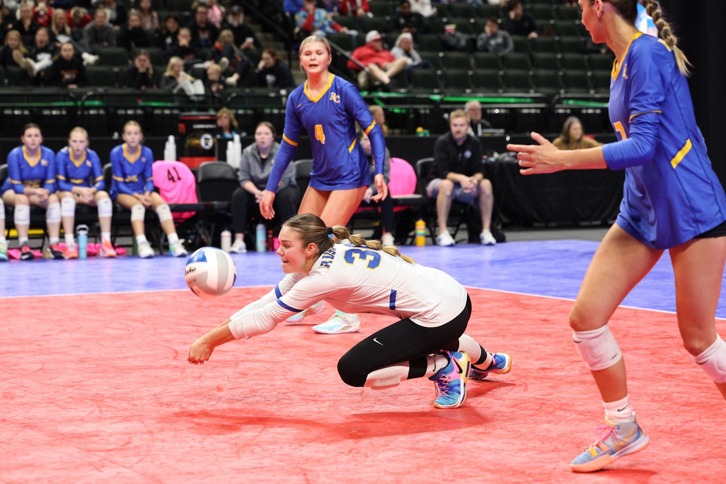 Rush City's McKenna Garr (30) digs the ball in the opening set. Garr register 18 digs in the match. Photo by Cheryl A. Myers, Special to the Star Tribune