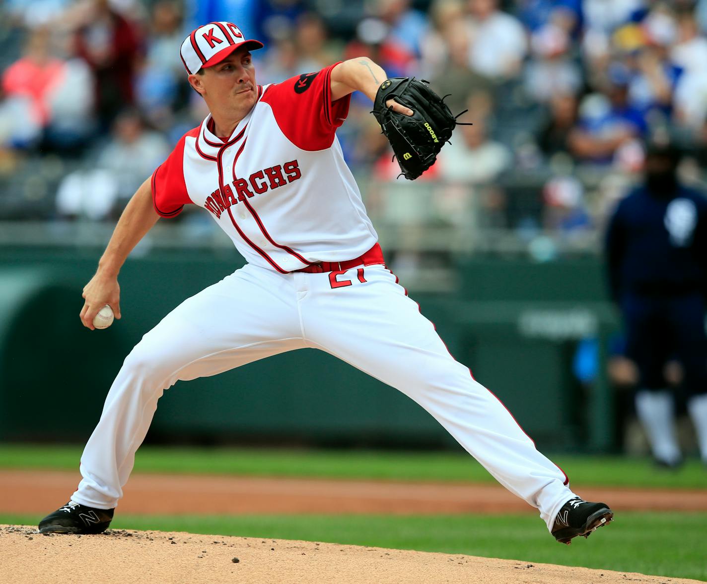 Kansas City Royals starting pitcher Homer Bailey delivers to a Minnesota Twins batter during the first inning of a baseball game at Kauffman Stadium in Kansas City, Mo., Sunday, June 23, 2019. (AP Photo/Orlin Wagner)