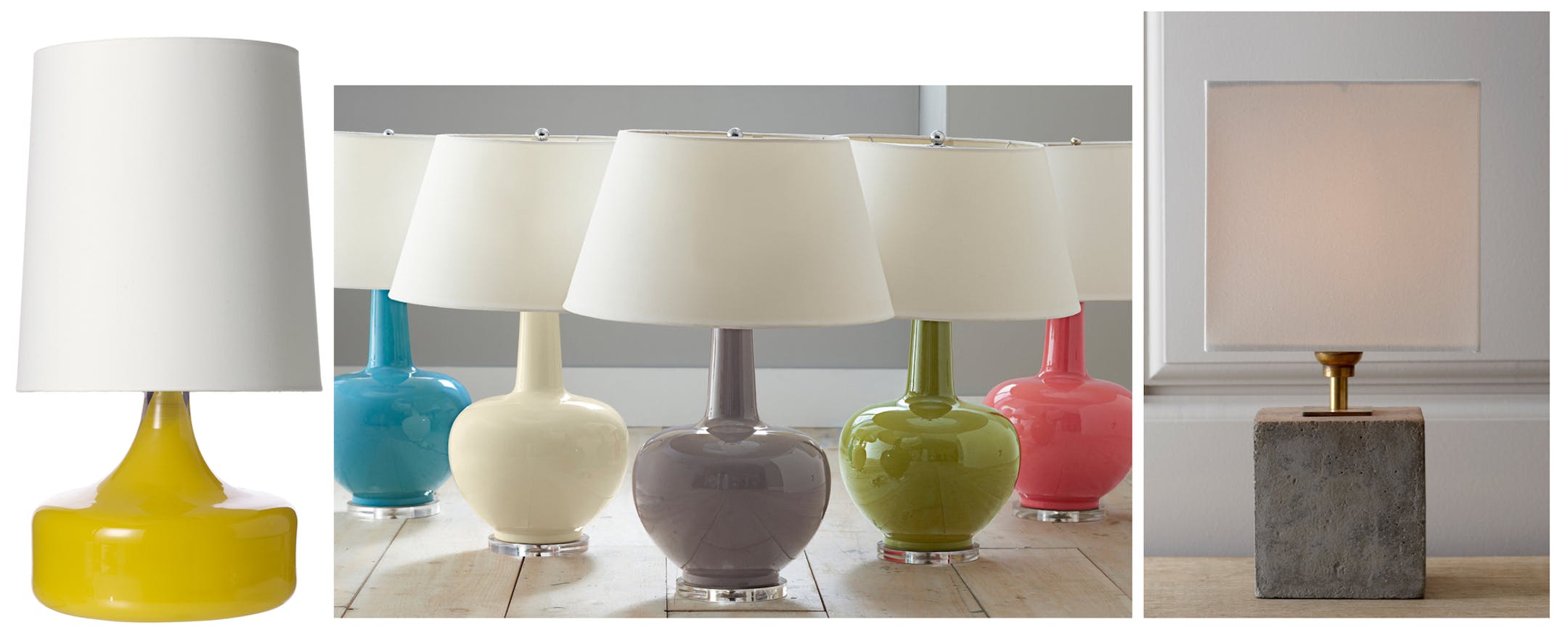 Table Lamps: From left, West Elmís Perch Table Lamp; Garnet Hillís Porcelain Table Lamps; and Regina-Andrew Designís Concrete Cube Mini Lamp. Illustrates DESIGN-LIGHTING (category l), by Lindsey M. Roberts, special to The Washington Post. Moved Tuesday, Feb. 19, 2013. (MUST CREDIT: West Elm; Garnet Hill; Neimanmarcus.com.)