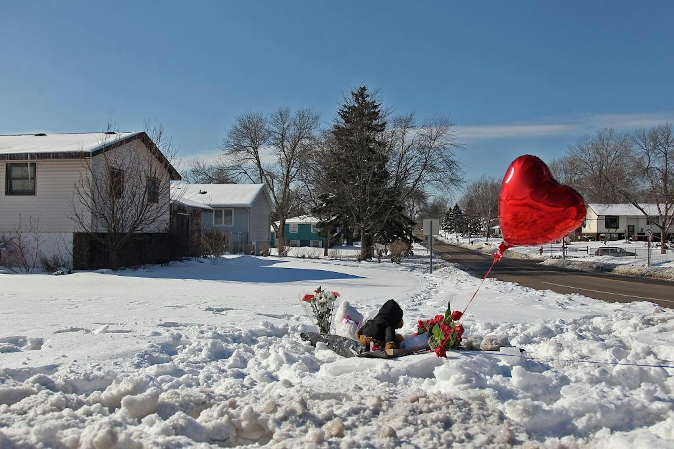 Balloons, plush animals, and flowers were left at the scene, at the corner of Hadley and 7th, where shooting victim 9-year-old Devin Aryal was shot Tuesday, February 12, 2013 in Oakdale, MN. (ELIZABETH FLORES/STAR TRIBUNE) ELIZABETH FLORES � eflores@startribune.com
