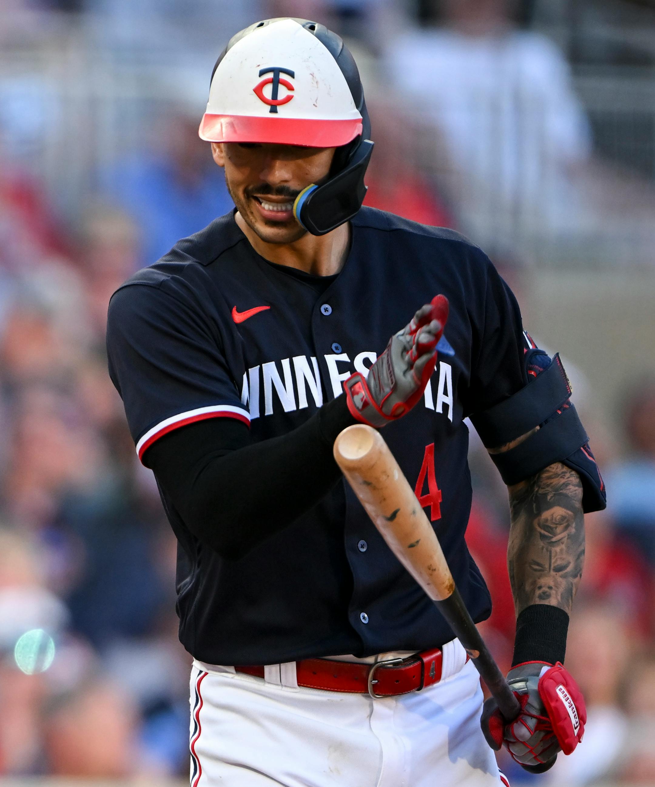 Minnesota Twins shortstop Carlos Correa (4) reacts after striking out on a foul tip against the Boston Red Sox in the bottom of the fifth inning Tuesday, June 20, 2023, at Target Field in Minneapolis, Minn.