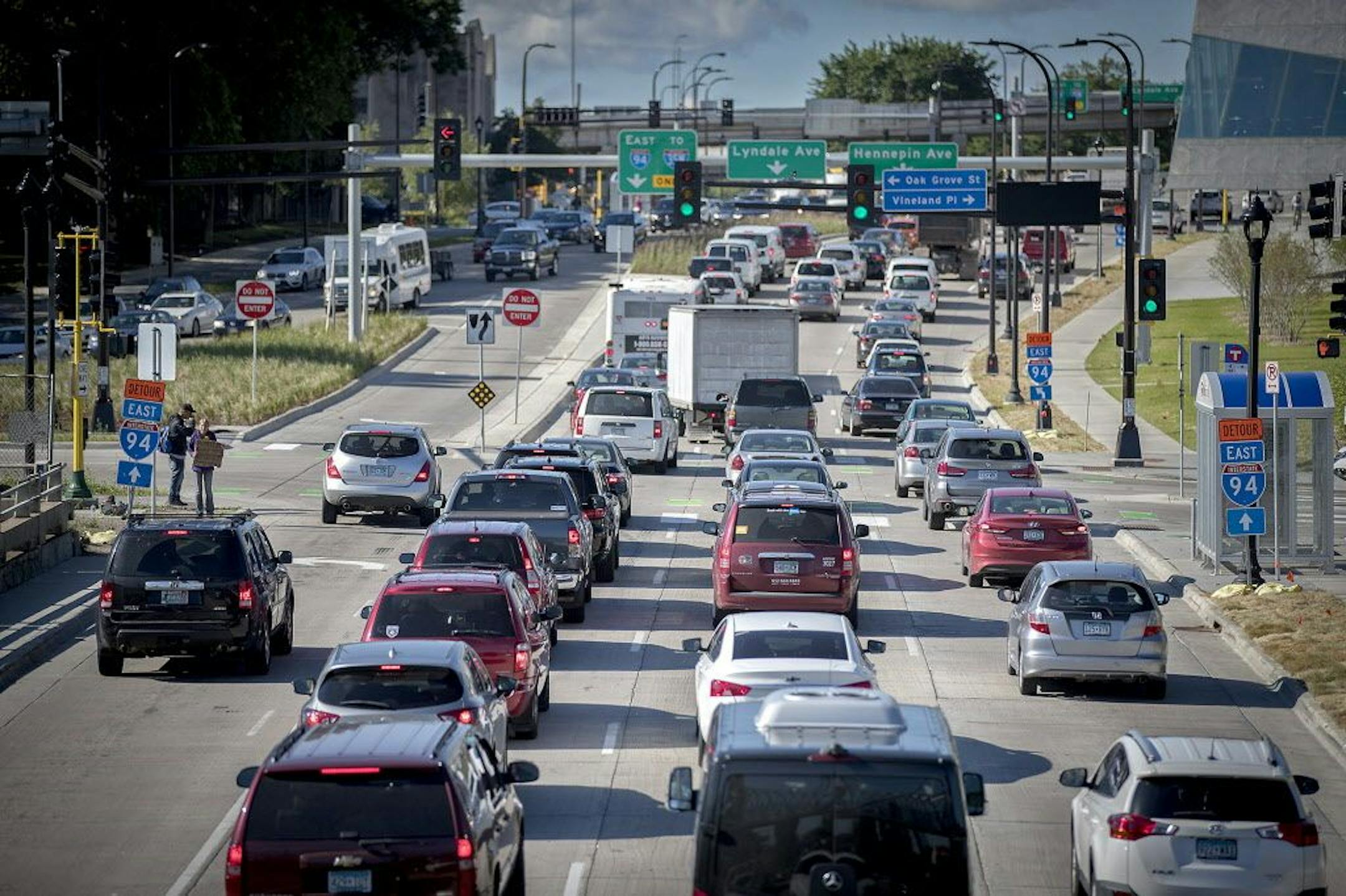 Traffic jammed near the Walker Art Museum as construction crew worked on the interstate leading into the Lowry Hill tunnel, Monday, June 26, 2017 in downtown Minneapolis, MN.