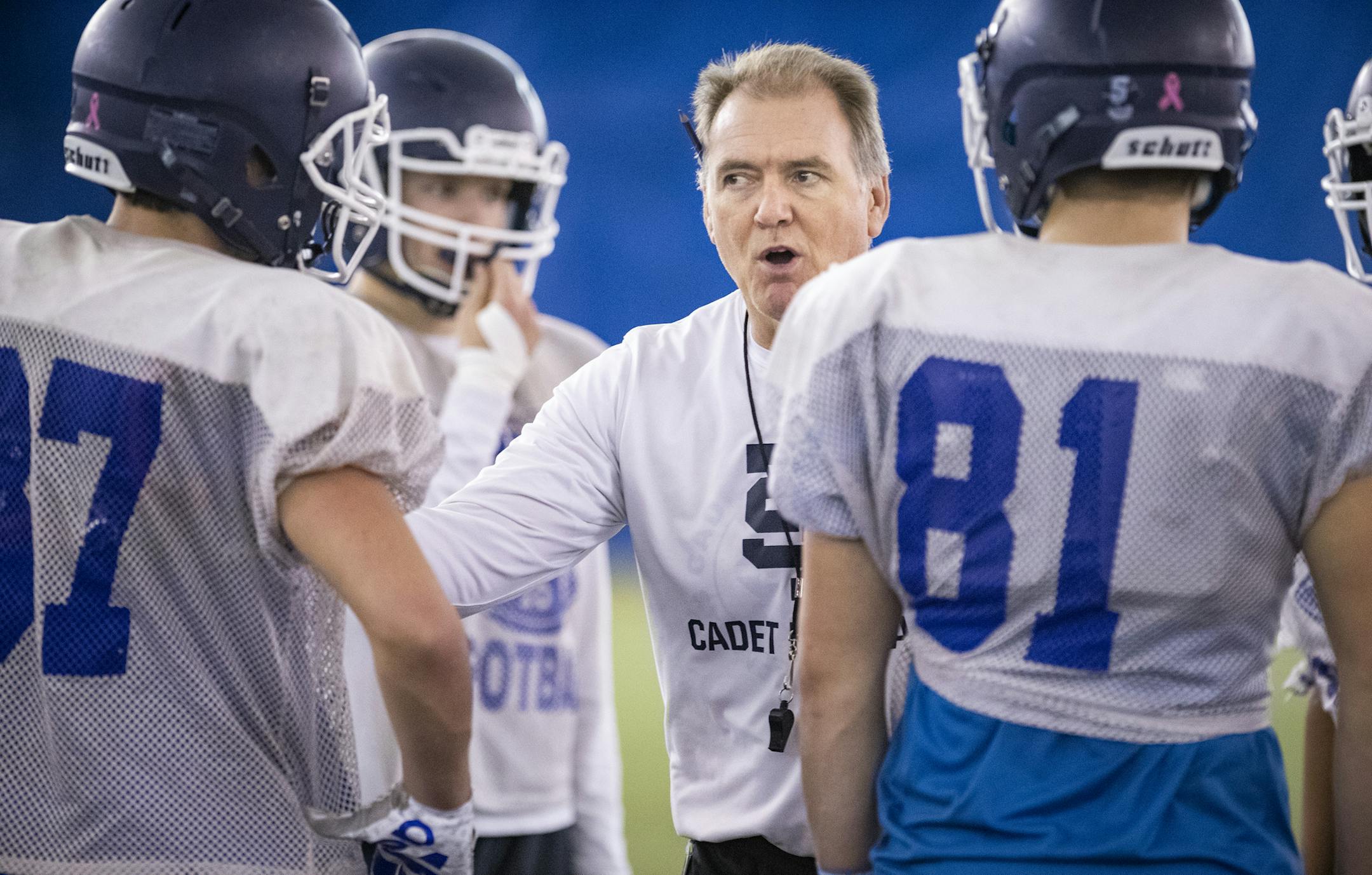 Head coach Dan O'Brien leads the St. Thomas Academy football practice. ] LEILA NAVIDI • leila.navidi@startribune.com BACKGROUND INFORMATION: Head coach Dan O'Brien leads the St. Thomas Academy football practice at Sea Foam Stadium in St. Paul on Wednesday, November 21, 2018.