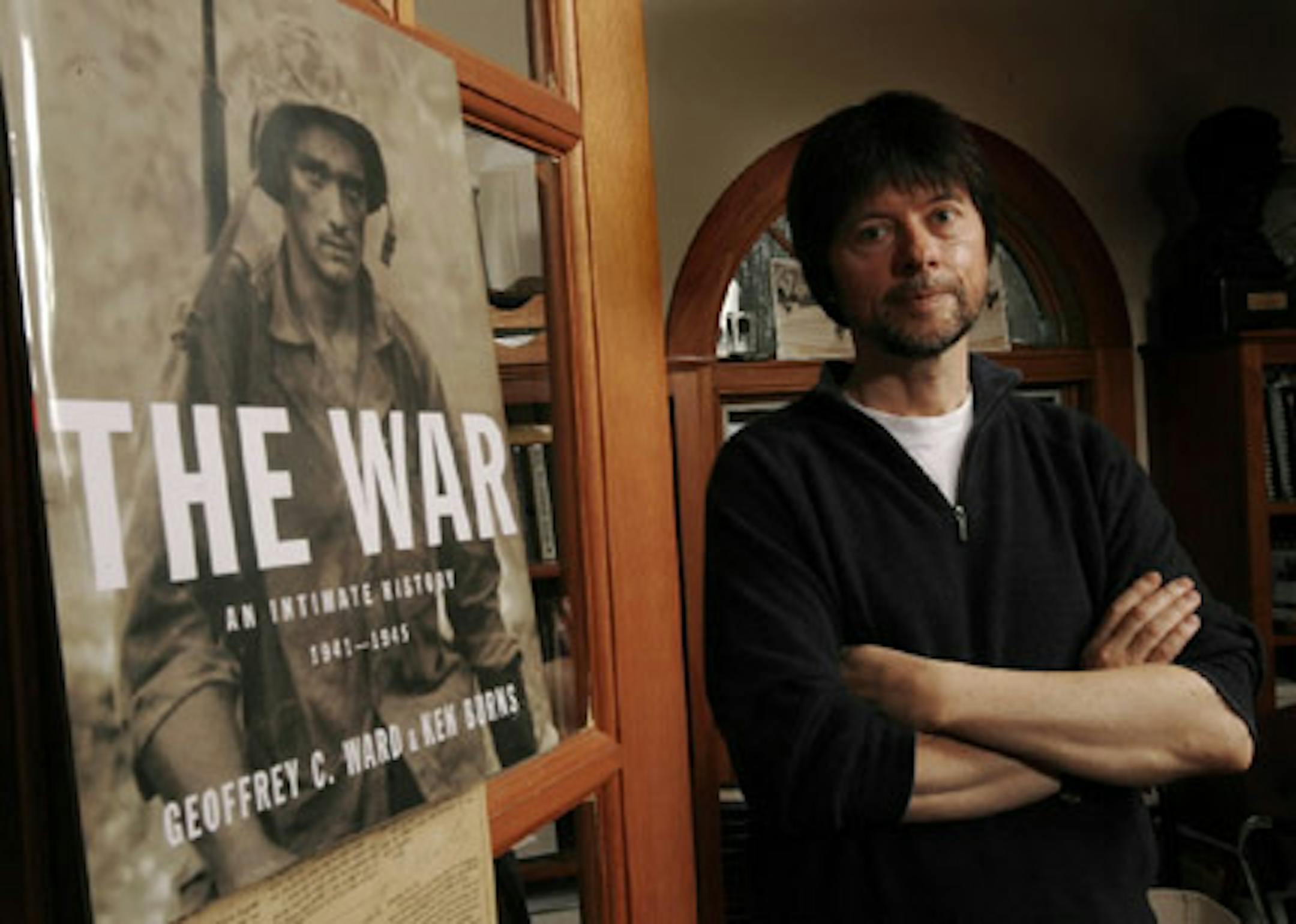Documentary filmmaker Ken Burns poses at his office in Walpole, N.H. Burns premiered "The War" in Luverne, Minn.