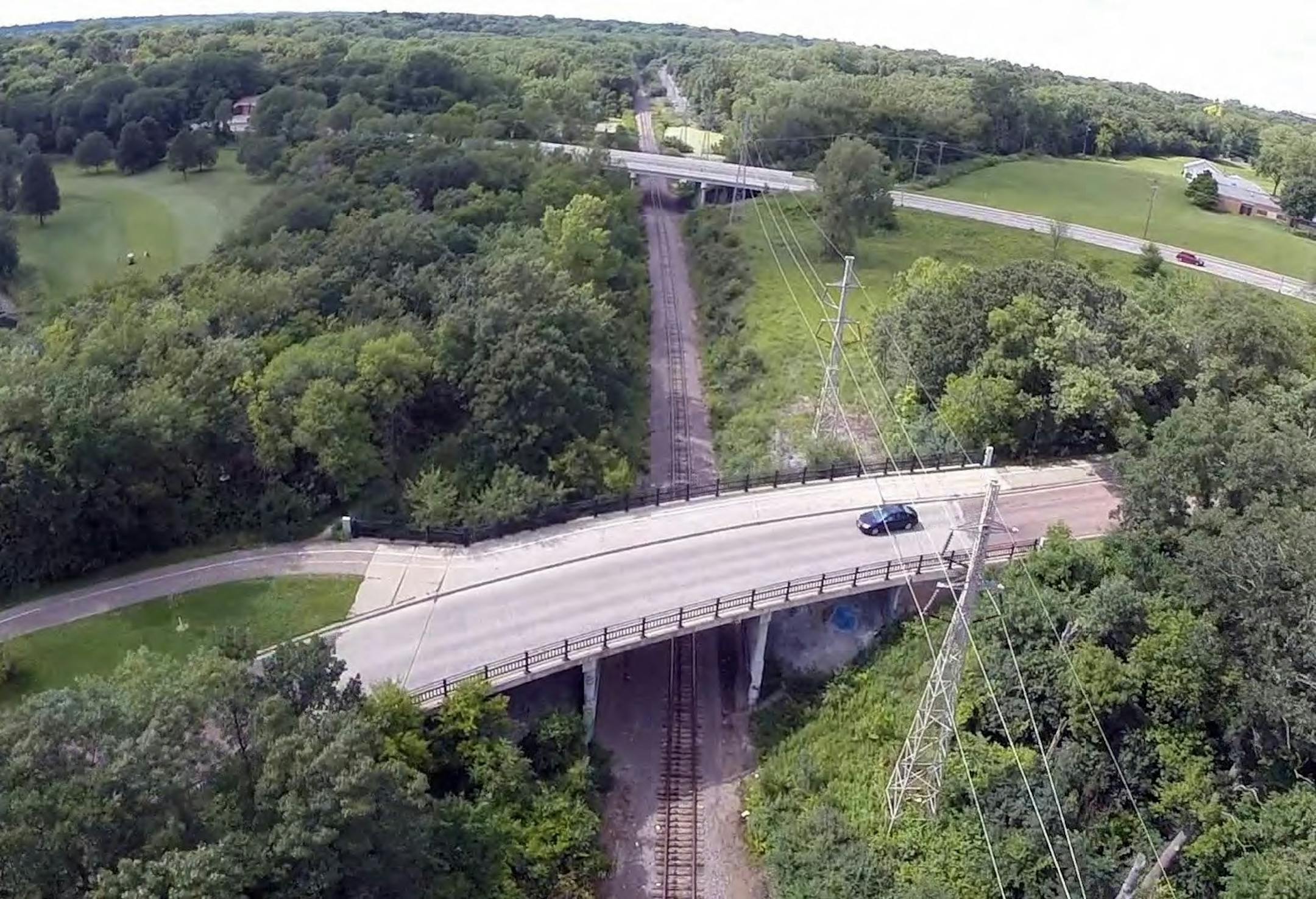 An aerial view of the Golden Valley Road station of the Bottineau Line, including BNSF tracks.