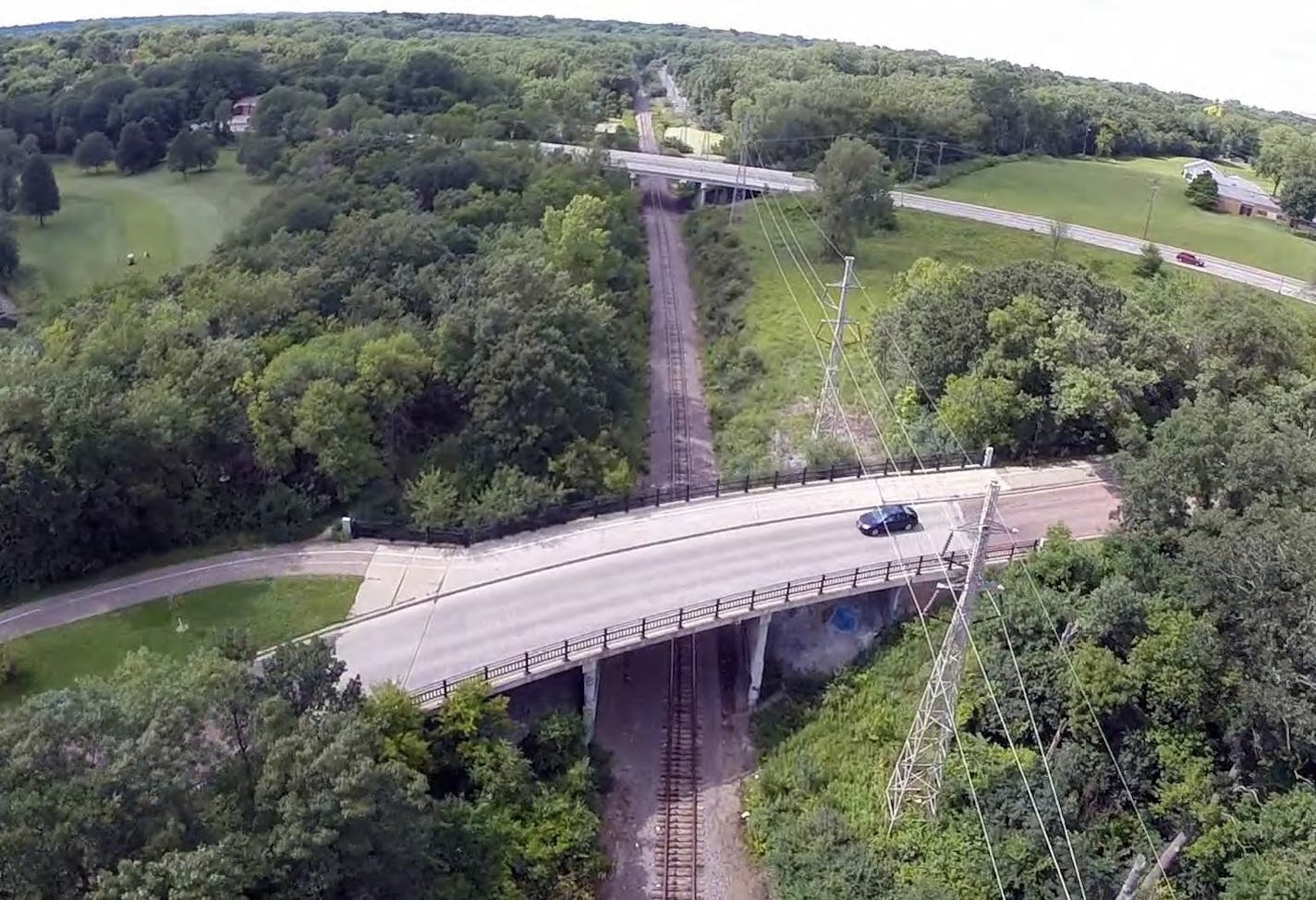 An aerial view of the Golden Valley Road station of the Bottineau Line, including BNSF tracks.