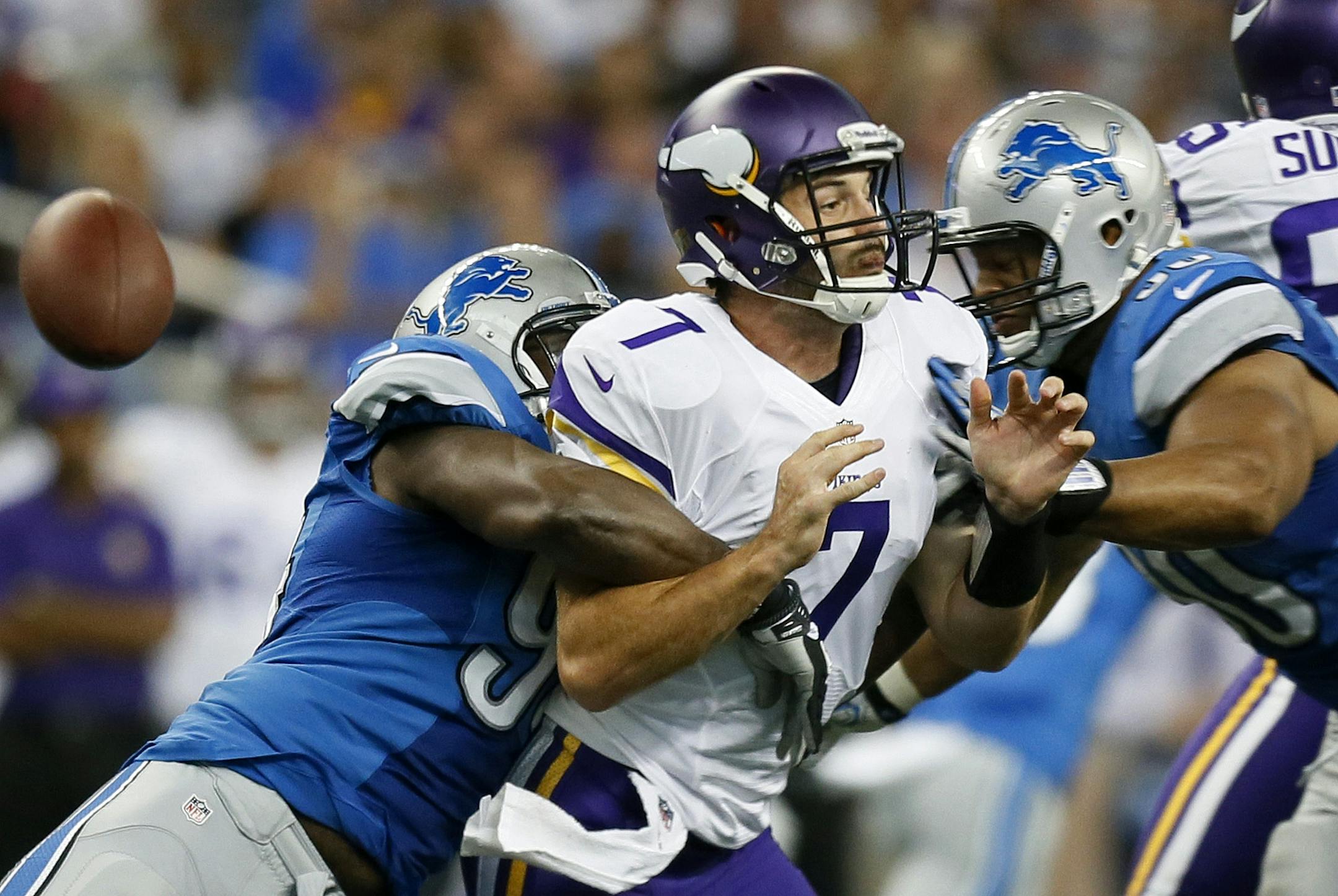 Vikings quarterback Christian Ponder got hit hard by Detroit's Ansah Ezekiel and lost the ball, but the sack did not count because of a defensive offside call in the third quarter.