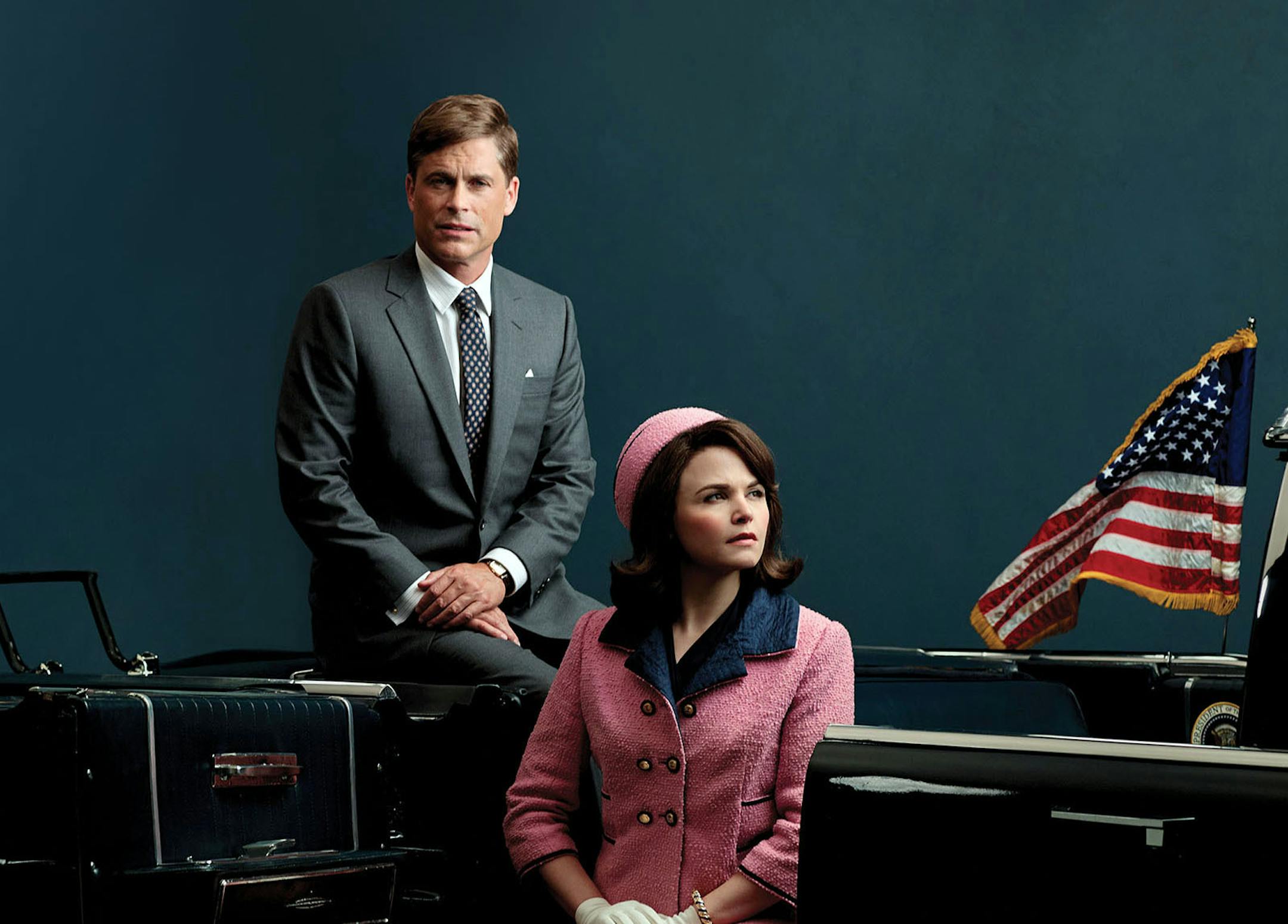 Rob Lowe as President John F. Kennedy and Ginnifer Goodwin as First Lady Jacqueline Kennedy in National Geographic Channels production of Killing Kennedy.