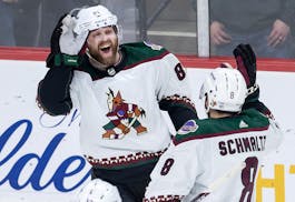 Phil Kessel (81) of the Arizona Coyotes celebrates after scoring an empty net goal in the third period Tuesday, April 26, at Xcel Energy Center in St.