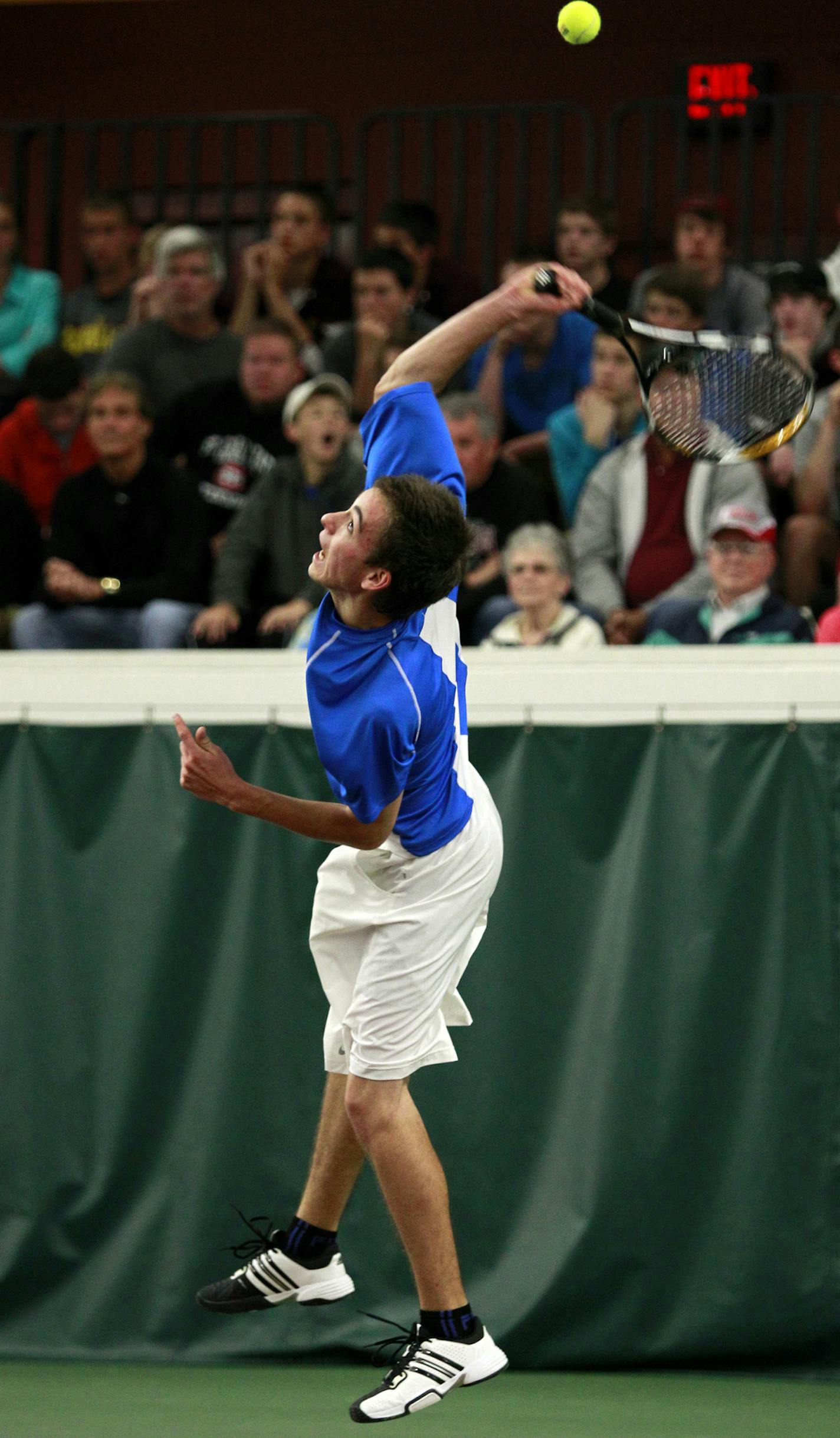 Joel Richards of Minnetonka serves against Toby Boyer of Forest Lake during the Class 2A individual tennis finals at the University of Minnesota's Baseline Tennis Center, Friday, June 7, 2013 in Minneapolis. Richards defeated Boyer in three sets. (Genevieve Ross/Special to the Star Tribune) ORG XMIT: 02PREP060813.tennis