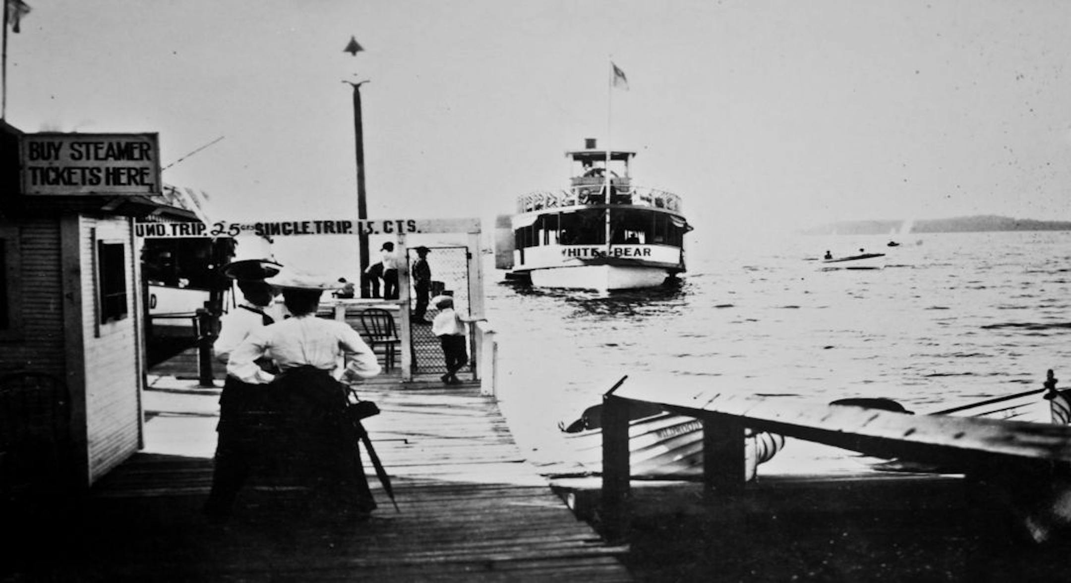 The image of the steamer White Bear coming into the dock is from the Minnesota Historical Society.