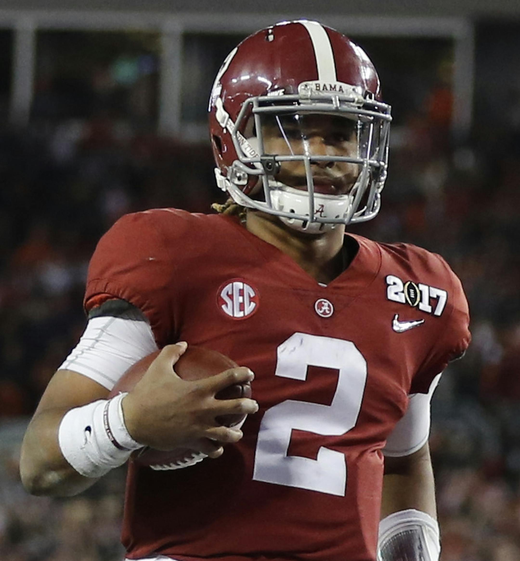 Alabama's Jalen Hurts runs for a touchdown during the second half of the NCAA college football playoff championship game against Clemson Tuesday, Jan. 10, 2017, in Tampa, Fla. (AP Photo/John Bazemore)