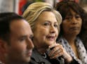 Democratic presidential candidate Hillary Rodham Clinton speaks to small business owners, Tuesday, May 19, 2015, at the Bike Tech cycling shop in Ceda