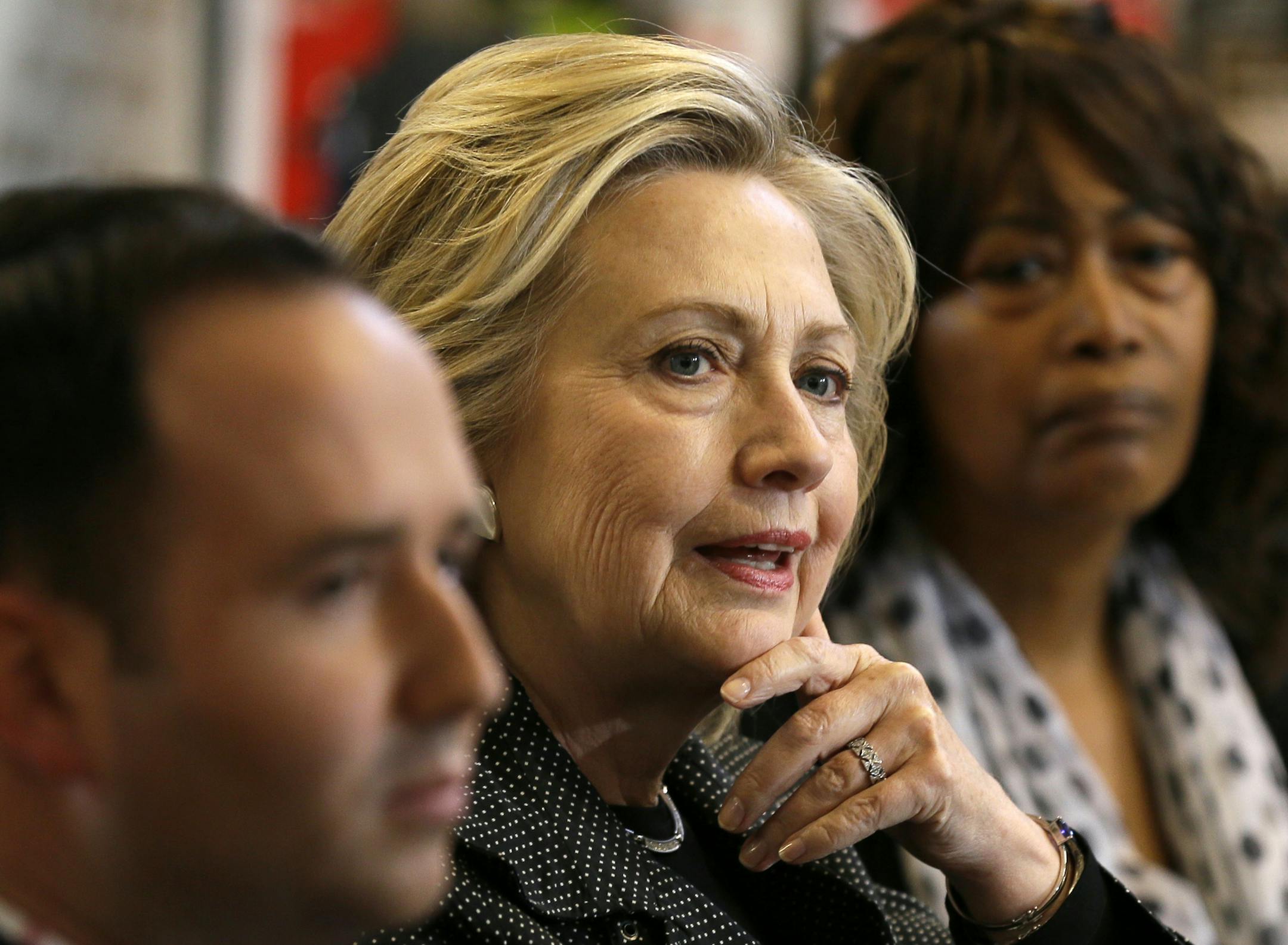 Democratic presidential candidate Hillary Rodham Clinton speaks to small business owners, Tuesday, May 19, 2015, at the Bike Tech cycling shop in Cedar Falls, Iowa. (AP Photo/Charlie Neibergall)