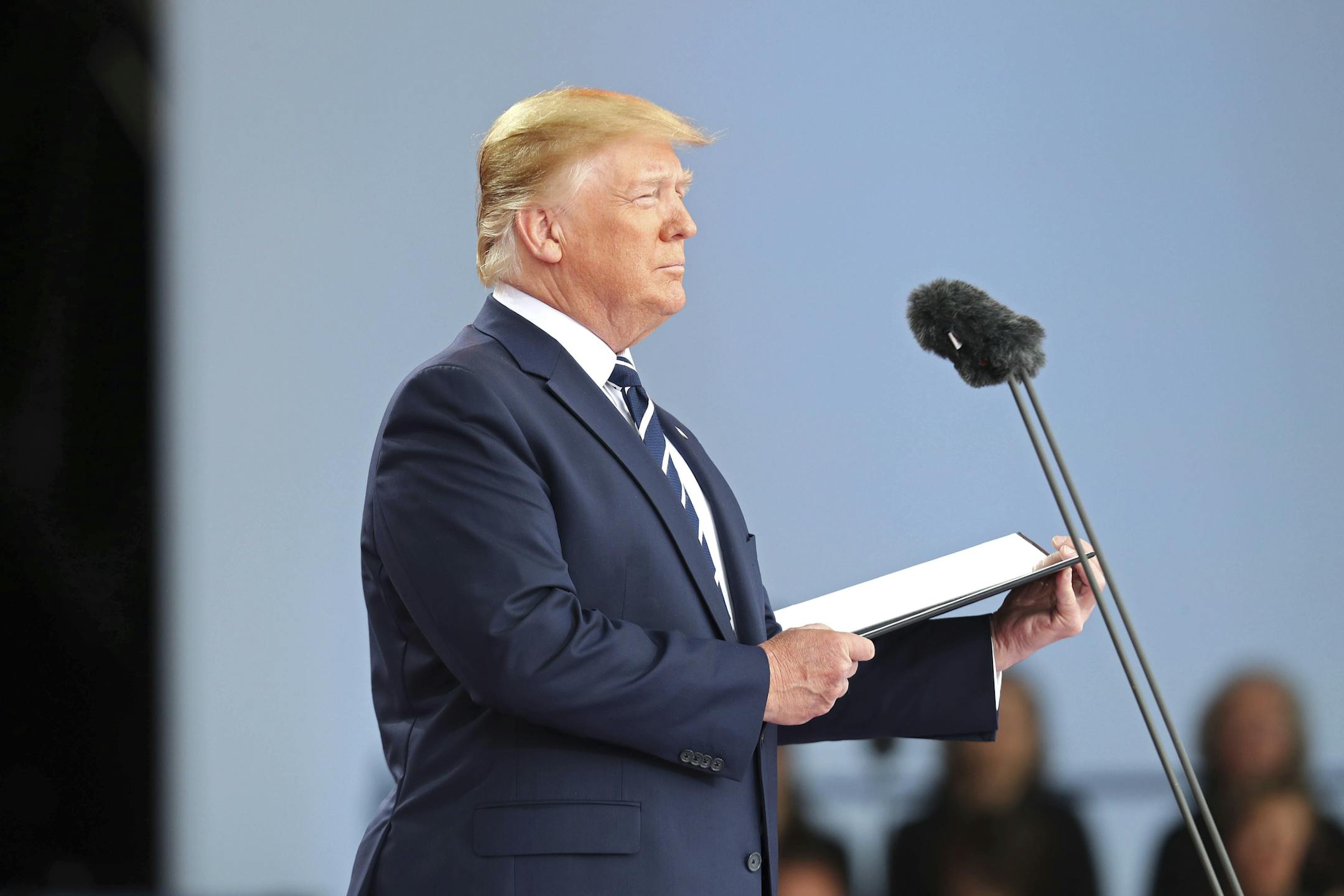 U.S President Donald Trump delivers a speech during commemorations for the 75th Anniversary of the D-Day landings at Southsea Common, Portsmouth, England, Wednesday, June 5, 2019. (Chris Jackson/Pool Photo via AP)
