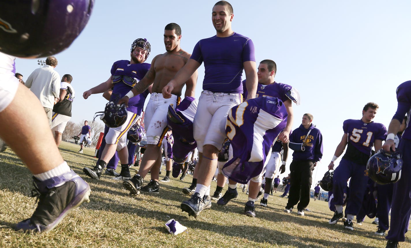 Minnesota State, Mankato football team members had their first practice with returning coach Todd Hoffner on Friday.