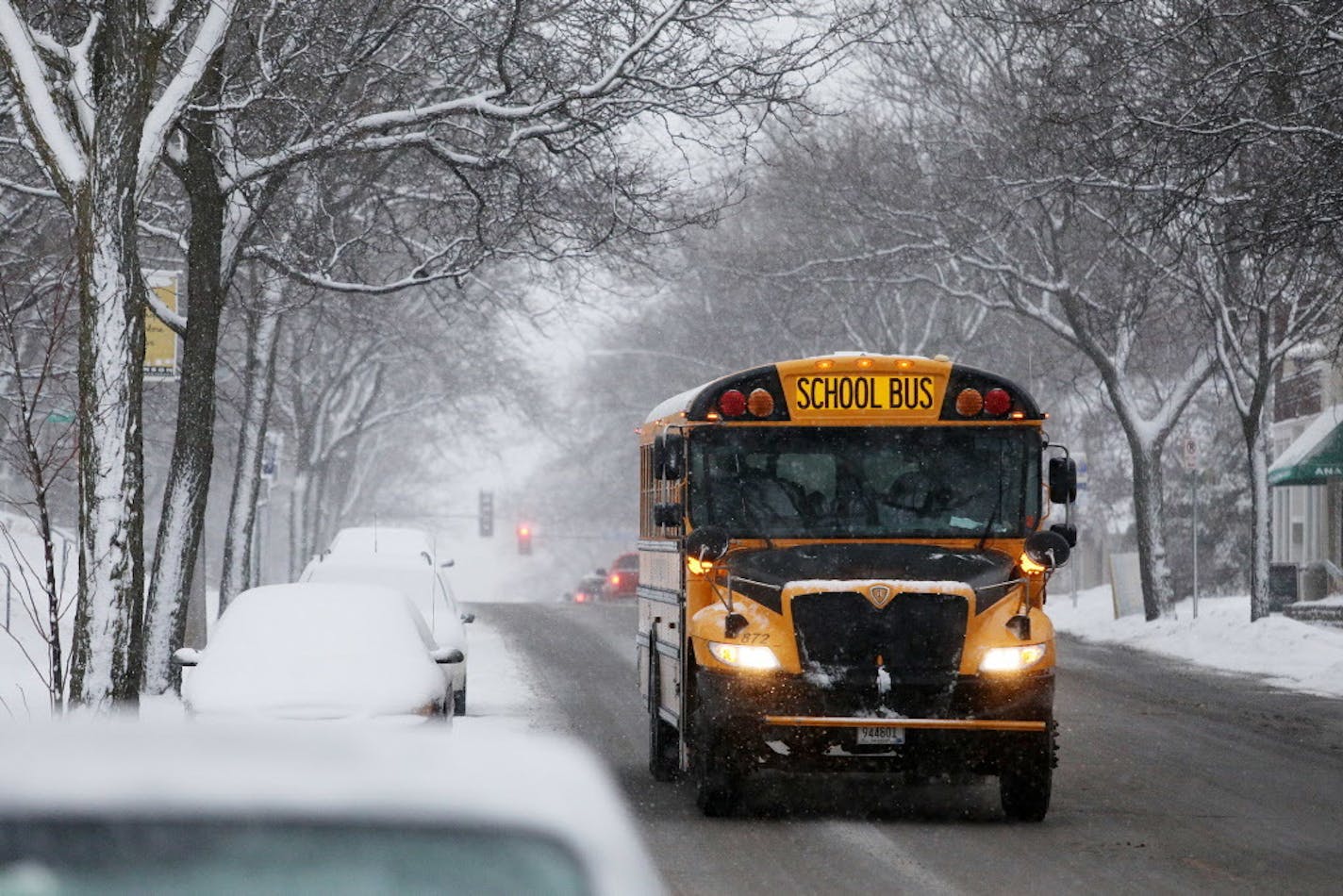 A school bus drove north on Johnson Street North East amid a flurry of snowflakes on Wednesday morning.