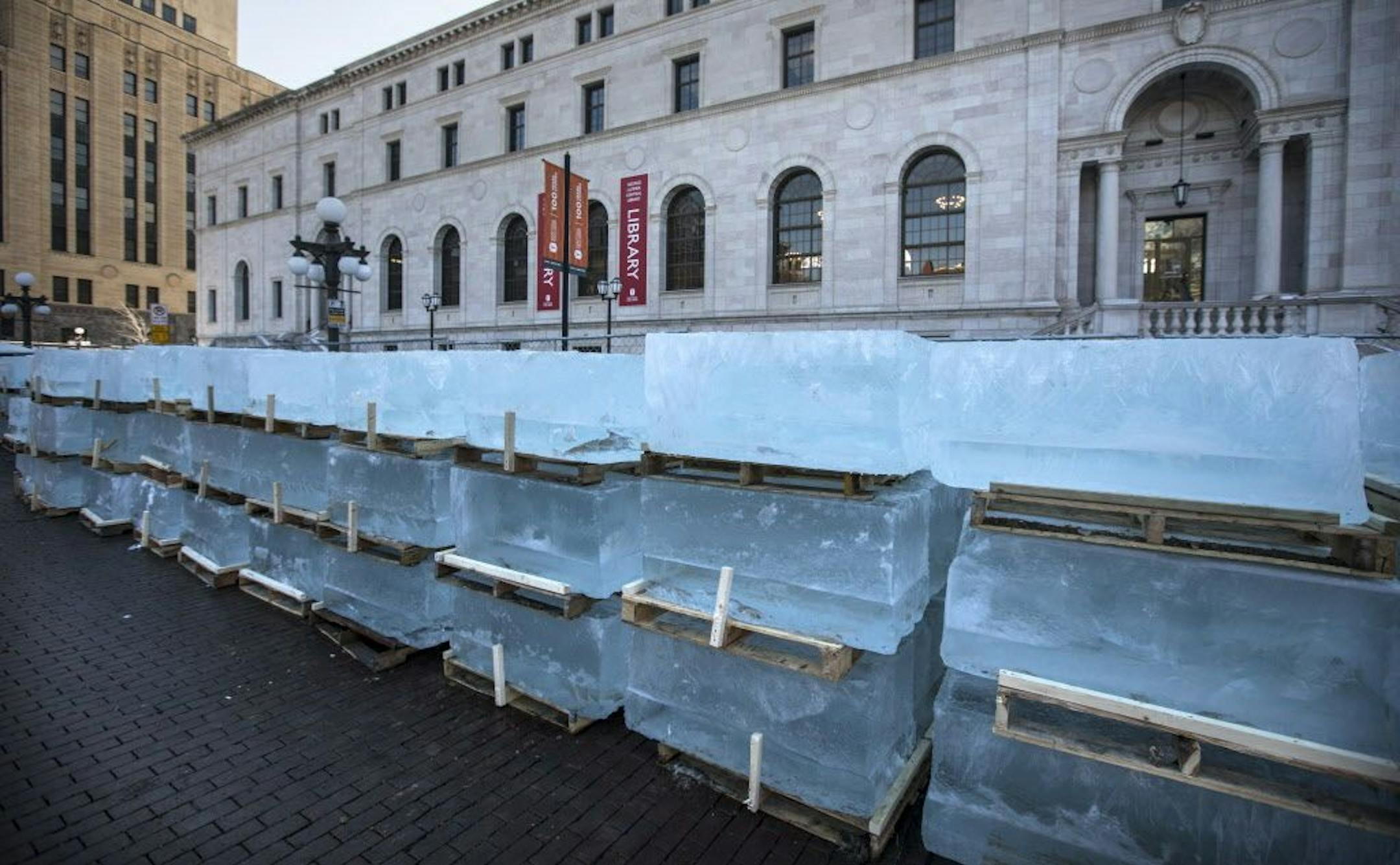 Dignitaries and winter carnival royalty gathered for the laying of the first Ice block for the St. Paul Winter Carnival Ice Palace to be built in Rice Park. The ice palace is expected to be 70-feet tall and use 4,000 blocks of ice, each weighing 500 pounds.