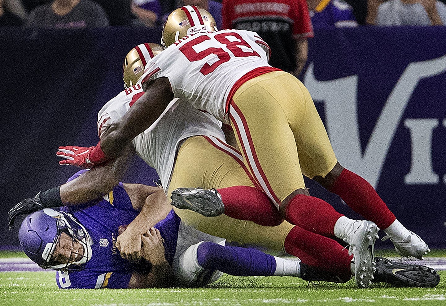 Minnesota Vikings quarterback Sam Bradford recovered a fumble in the first quarter. ] CARLOS GONZALEZ &#xef; cgonzalez@startribune.com - August 27, 2017, Minneapolis, MN, US Bank Stadium, NFL, Minnesota Vikings vs. San Francisco 49ers