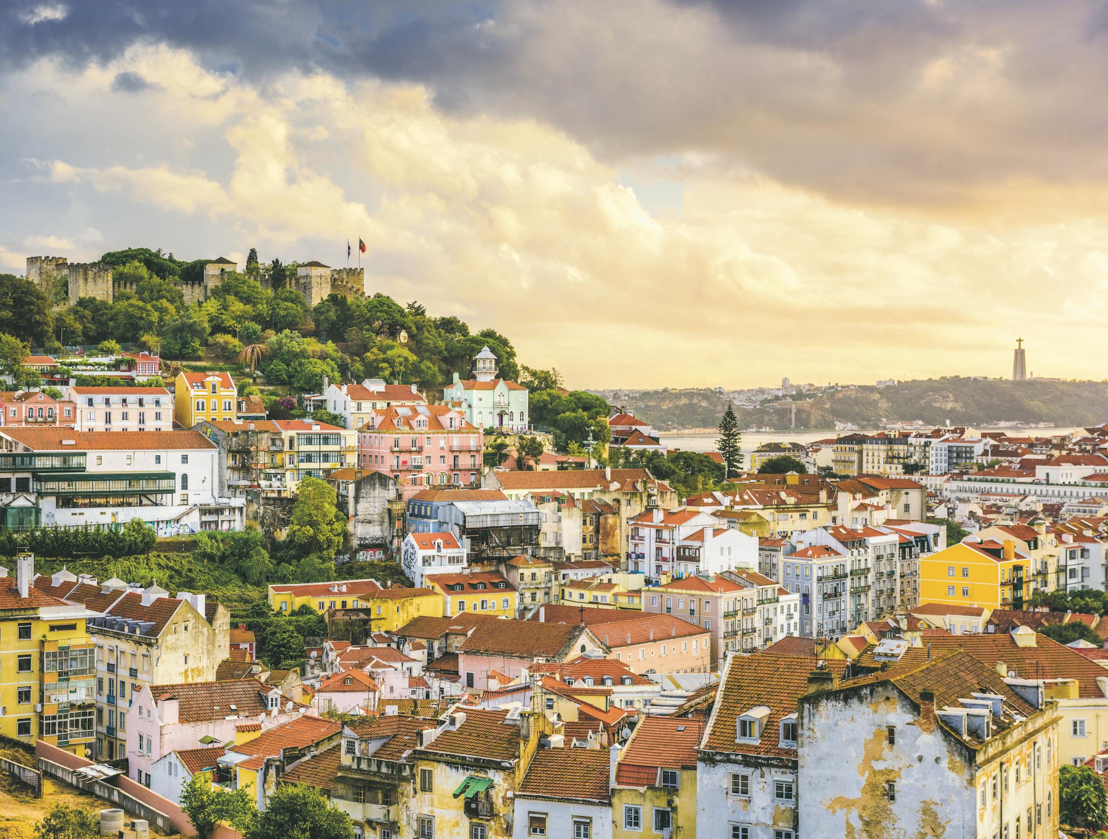 Lisbon, Portugal skyline at Sao Jorge Castle at dusk.
