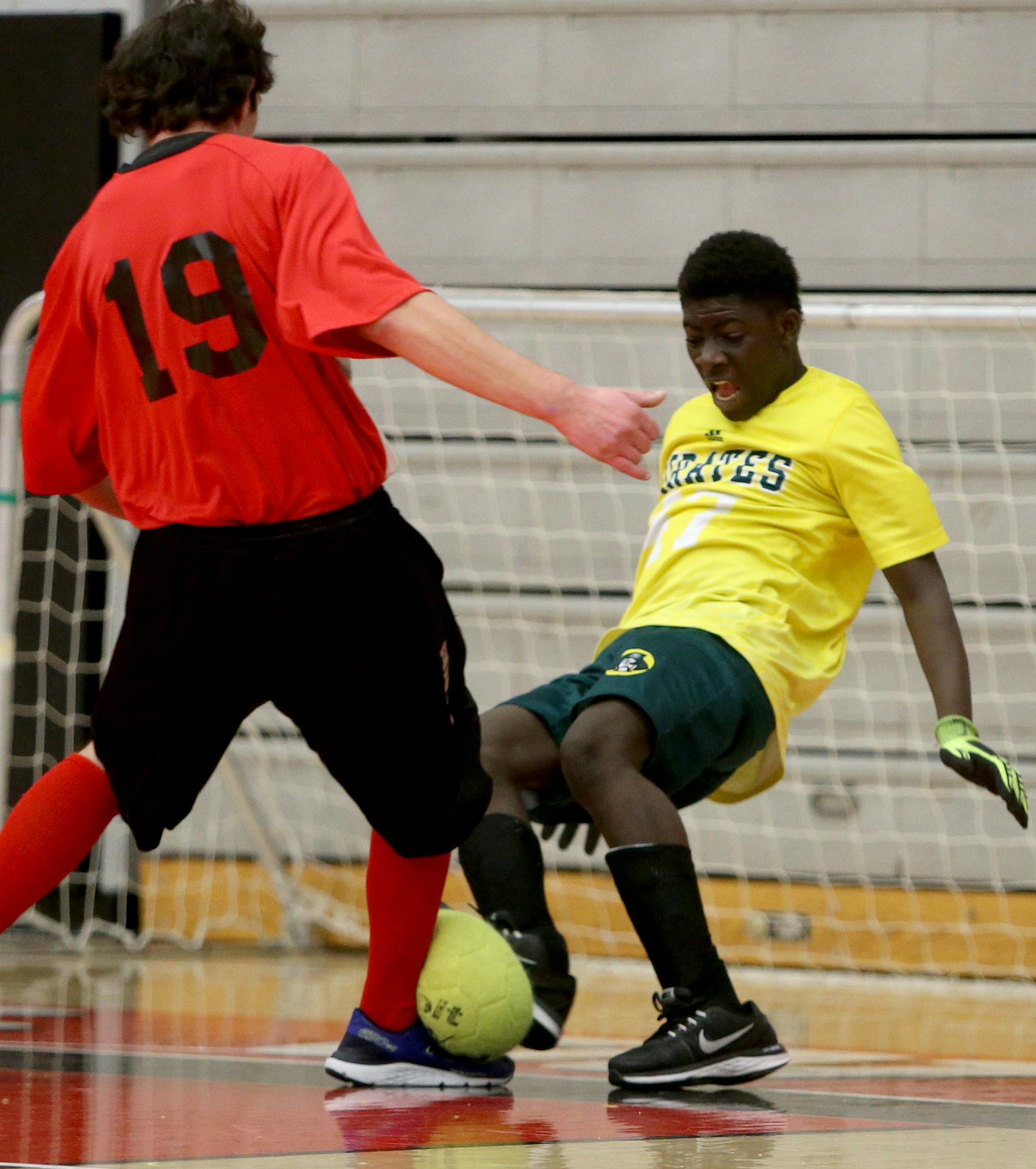 North Suburban vs Park Center in the cognitively impaired state soccer championship during practice Friday, Nov. 21, 2015, at Stillwater High in Stillwater, MN. Here, Park Center goalie Phillip Worzie (7) stops a shot by North Suburban's Anthony Bengtson (19) during the first half of Park Center's 1-0 overtime win. Worzie came out of goal to score the overtime goal.](DAVID JOLES/STARTRIBUNE)djoles@startribune.com Robbinsdale/Hopkins/Mound/Westonka vs Anoka Hennepin in the state physically impair