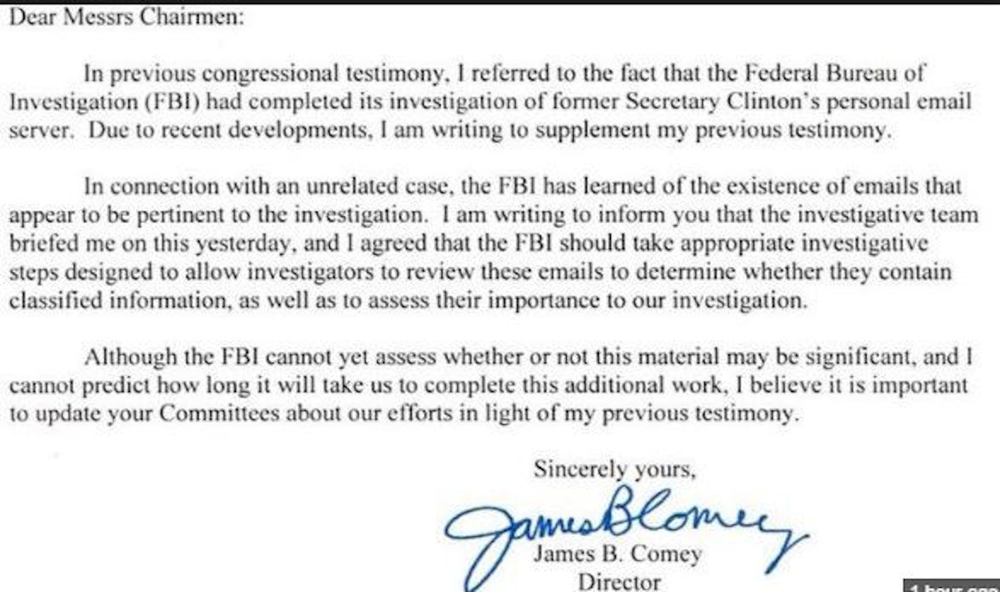 FBI Director James Comey sent this letter to congressional leaders.