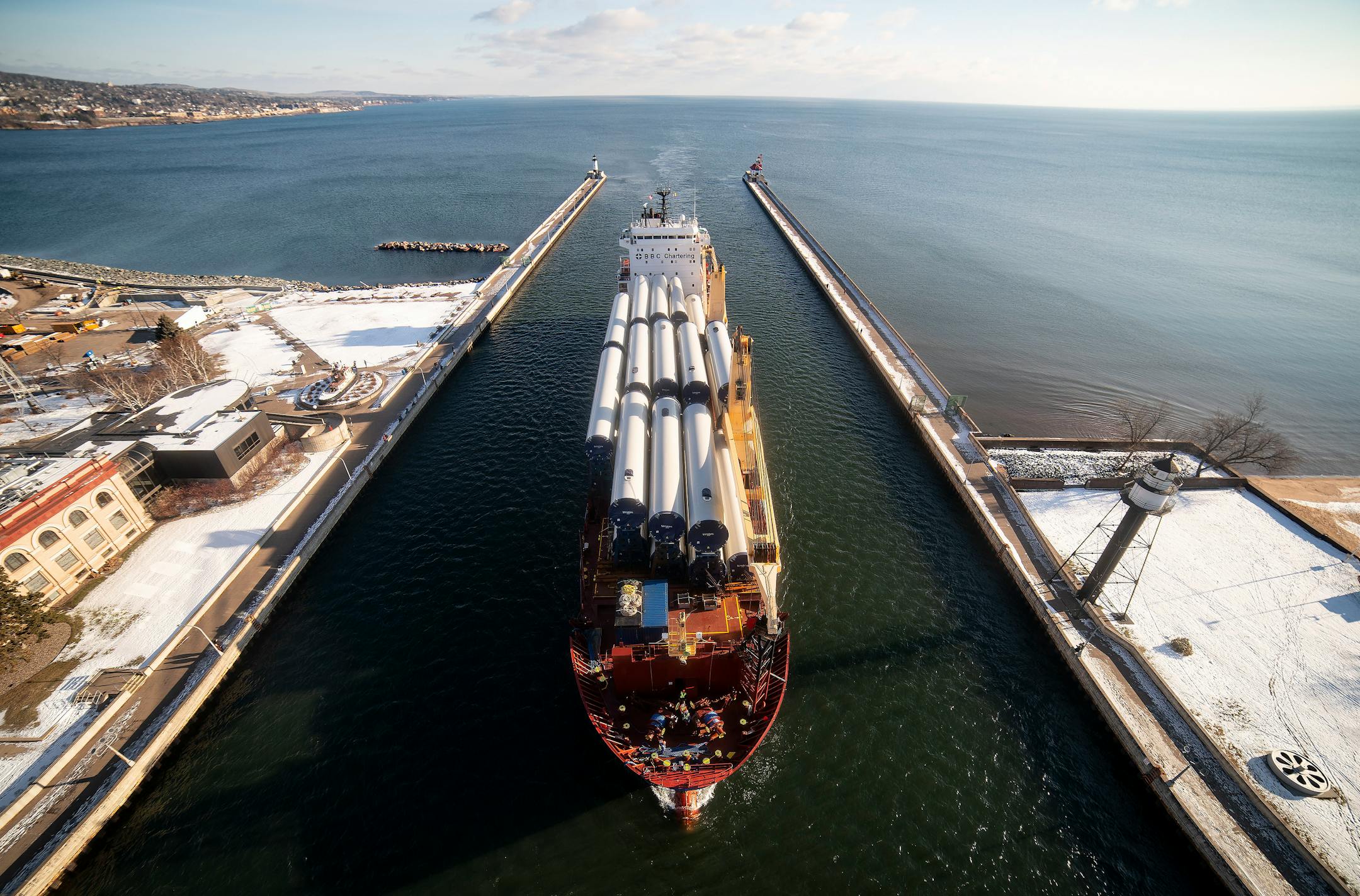 The BBC Xingang came into the Duluth Harbor on Friday morning carrying a cargo of wind turbine tower segments.