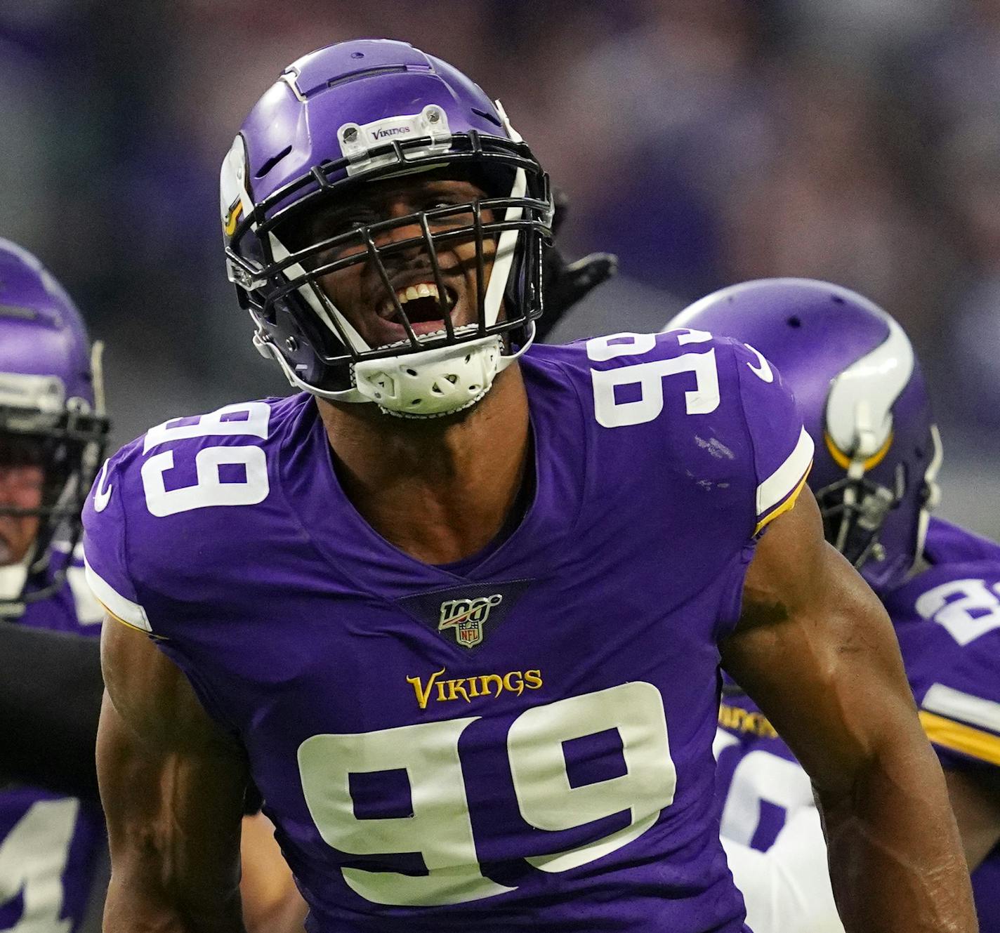 Minnesota Vikings defensive end Danielle Hunter (99) celebrated after he sacked Detroit Lions quarterback David Blough (10) for the first time in the first quarter. ] ANTHONY SOUFFLE &#x2022; anthony.souffle@startribune.com The Minnesota Vikings played the Detroit Lions in an NFL game Sunday, Dec. 8, 2019 at U.S. Bank Stadium in Minneapolis.