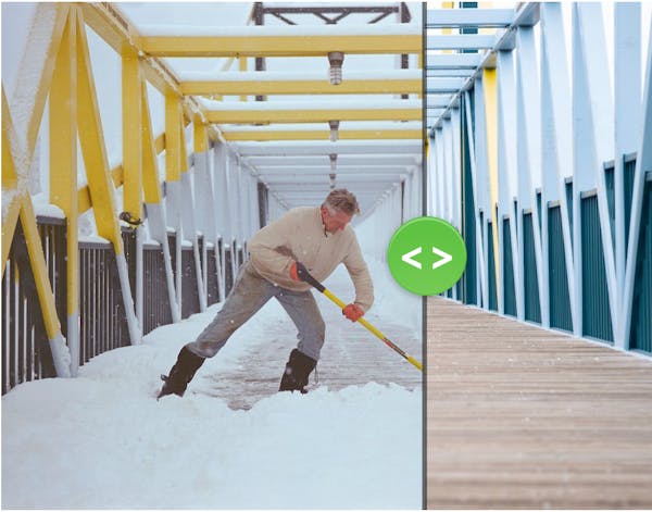 John Wirtz, left, cleared snow on the pedestrian bridge connecting Loring Park to the Minneapolis Sculpture Garden on Jan. 4, 2023. Right, a snowless 
