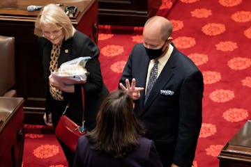 Senate Majority Leader Paul Gazelka, R-East Gull Lake talked with Senate Minority Leader Susan Kent, DFL-Woodbury just before debate on the bonding bi