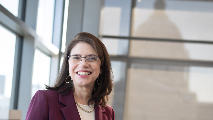 Majority Leader-elect Kari Dziedzic in her new office at the Minnesota Senate Building.