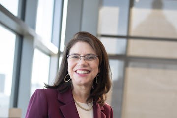 Majority Leader-elect Kari Dziedzic in her new office at the Minnesota Senate Building.