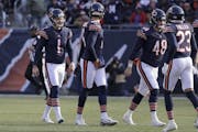 Chicago Bears kicker Cody Parkey (1) reacts and walks off the field after missing a field goal during the second half of an NFL football game against 