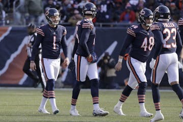 Chicago Bears kicker Cody Parkey (1) reacts and walks off the field after missing a field goal during the second half of an NFL football game against 