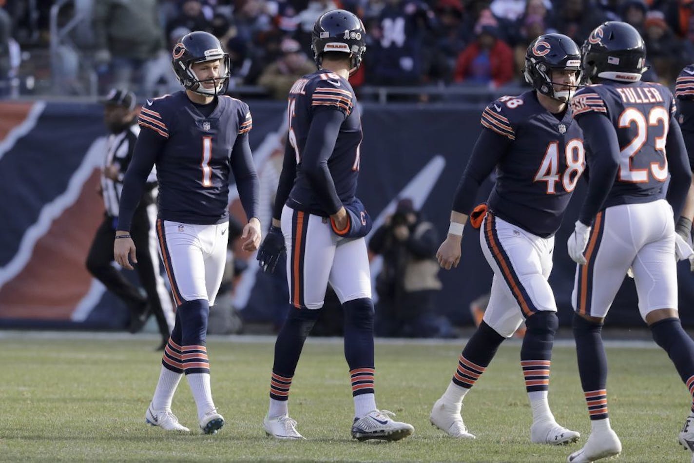 Chicago Bears kicker Cody Parkey (1) reacts and walks off the field after missing a field goal during the second half of an NFL football game against the Detroit Lions Sunday, Nov. 11, 2018, in Chicago.