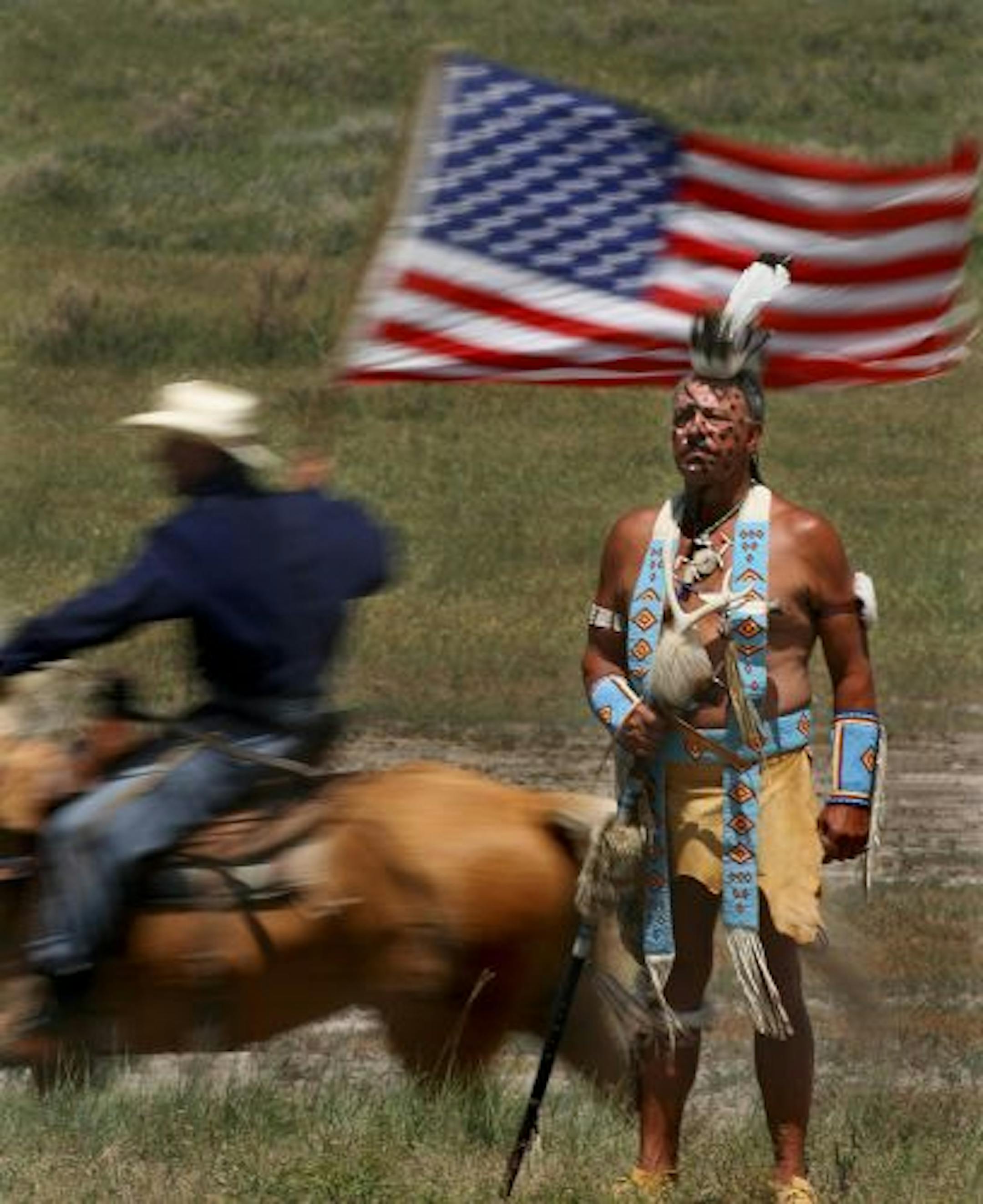 A reenactment of Custer's Last Stand, or the Battle of Little Bighorn, is staged each summer on the actual battlefield, now on the Crow Indian Reservation near Hardin, Mont.