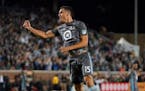 In this Sept. 22, 2018 file photo, Minnesota United defender Michael Boxall (15) celebrates after scoring a goal against the Portland Timbers in the f