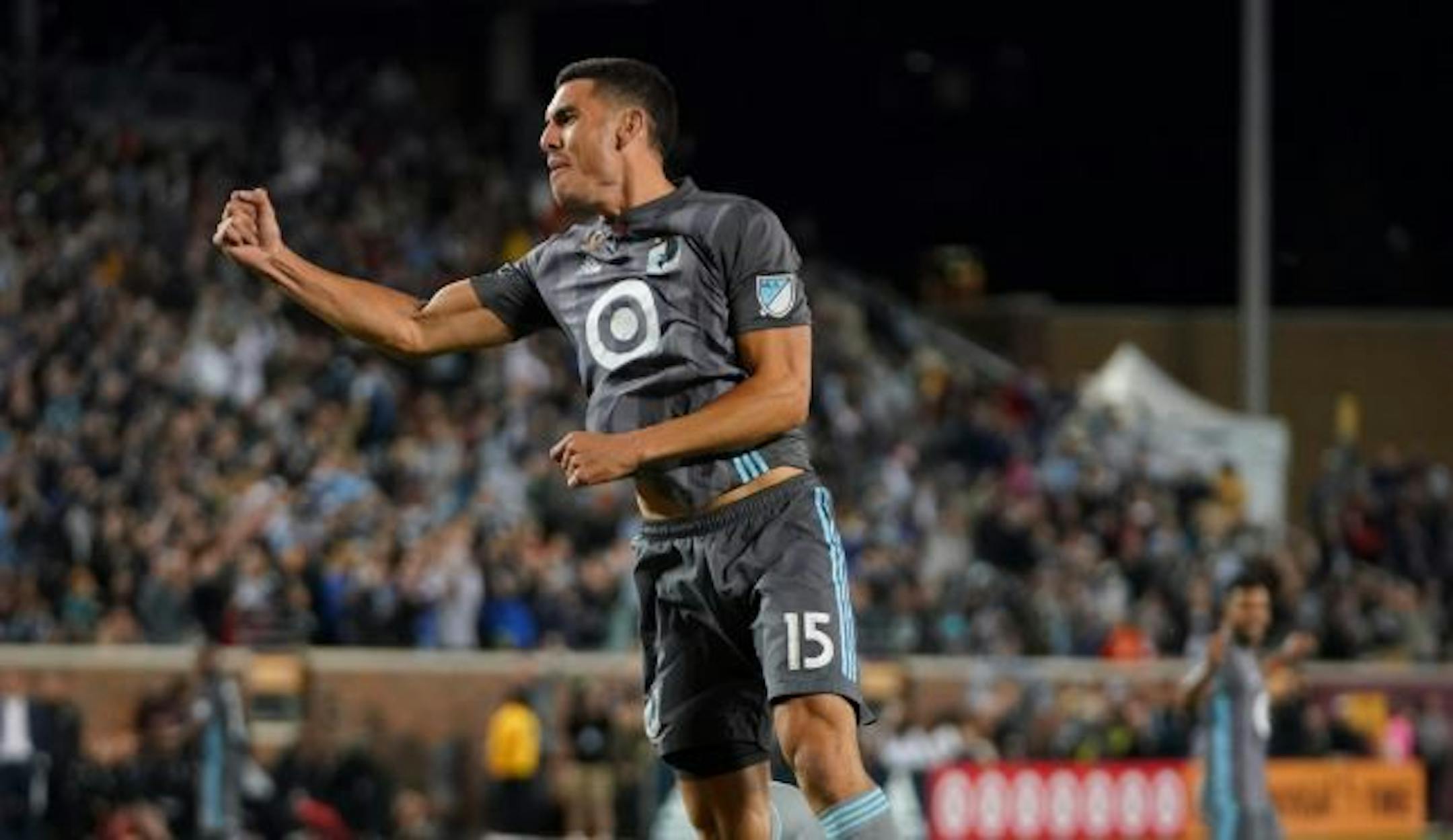In this Sept. 22, 2018 file photo, Minnesota United defender Michael Boxall (15) celebrates after scoring a goal against the Portland Timbers in the first half of an MLS soccer match in Minneapolis.