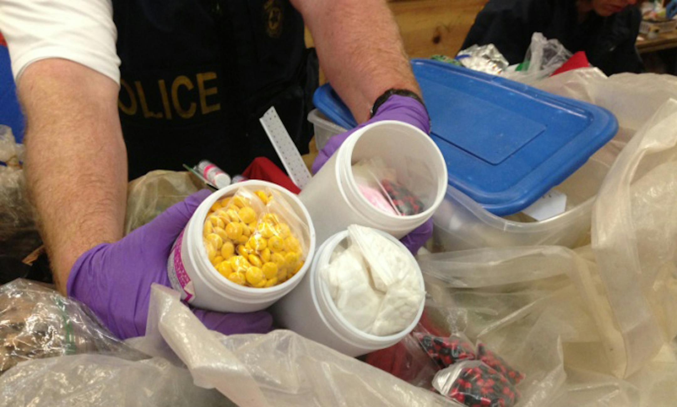 Pills stored in unmarked containers at businesses inside the premises of 217 Como Avenue, St. Paul.