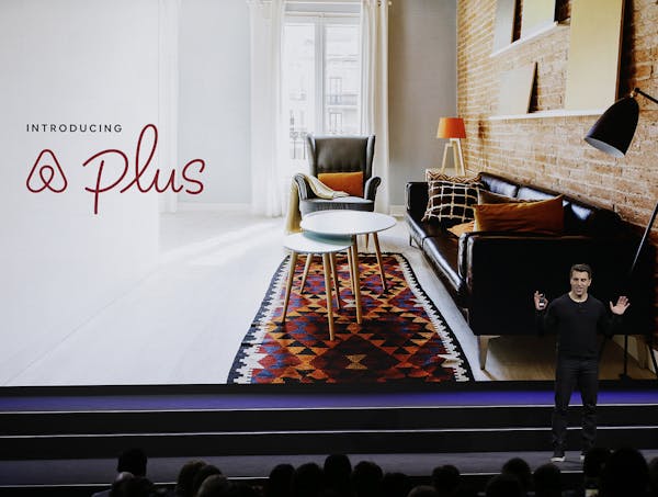 Airbnb co-founder and CEO Brian Chesky talks about a new Plus program during an event Thursday, Feb. 22, 2018, in San Francisco. Airbnb is dispatching