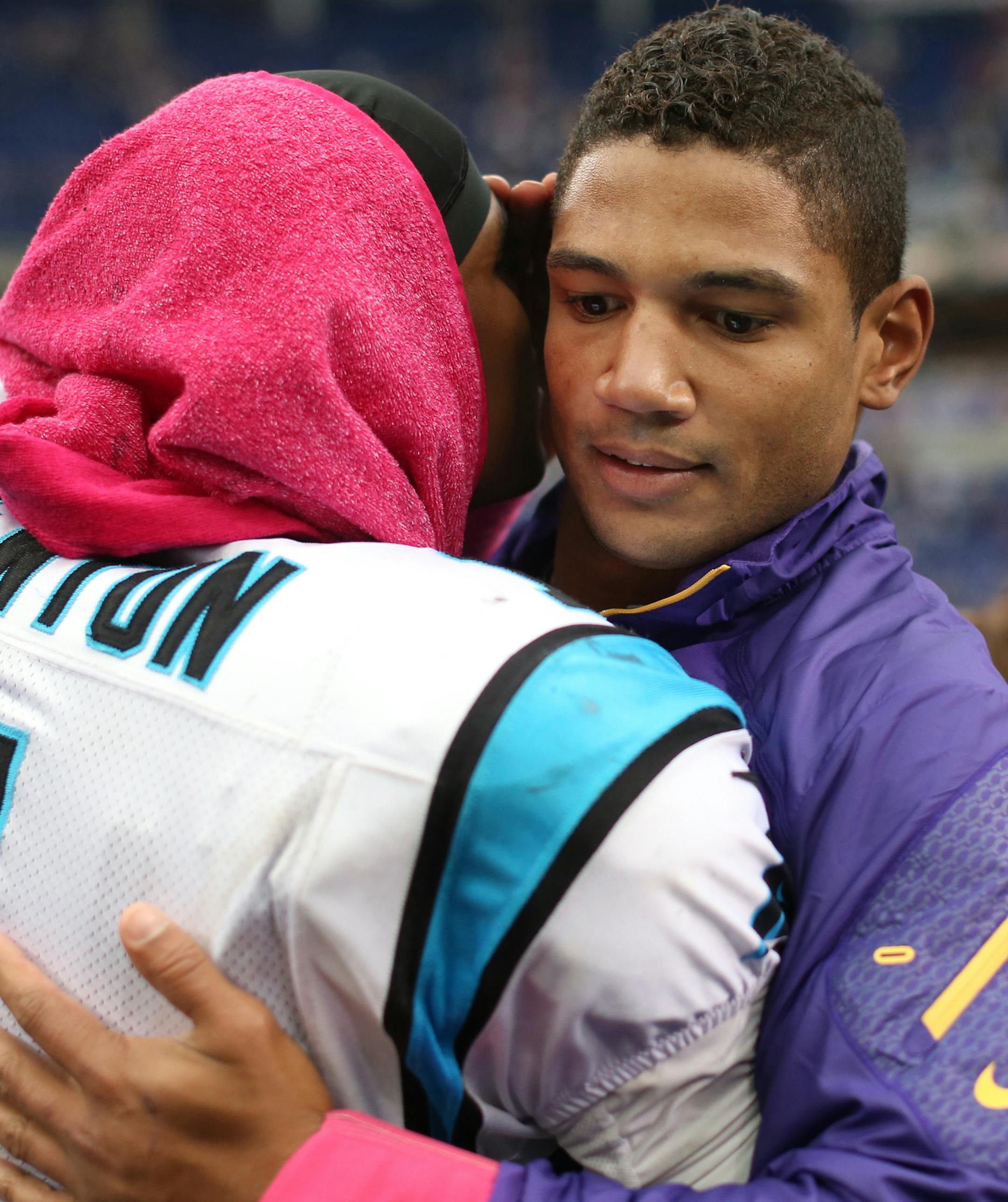 Panthers quarterback Cam Newton whispered to Josh Freeman after the game. ] Minnesota Vikings and Carolina Panthers - Mall of America Field MCKENNA EWEN &#xac;&#x2211; mckenna.ewen@startribune.com Minneapolis, Minn. - 10/13/2013
