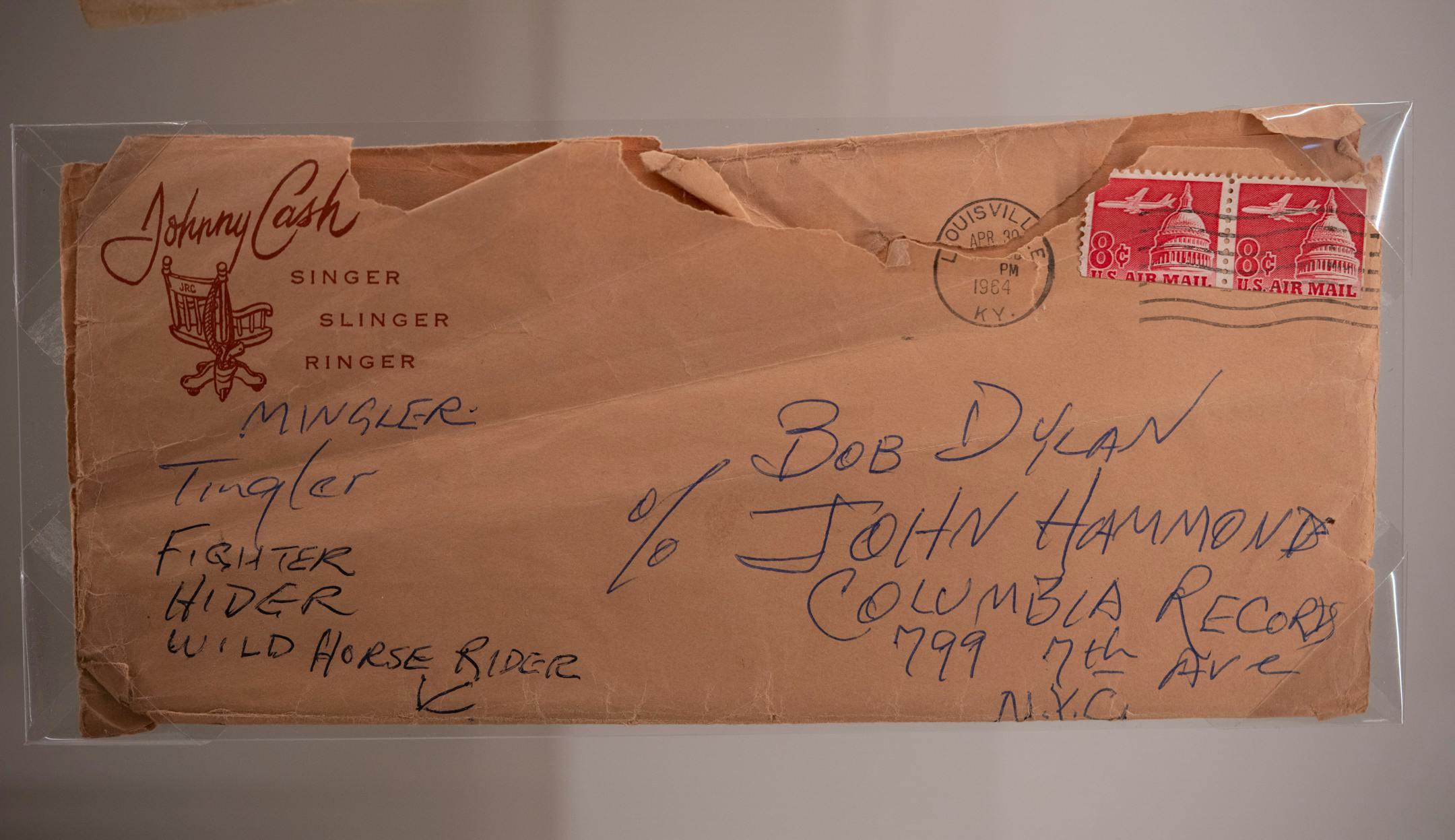 This envelope contained a 1964 letter from Johnny Cash to Bob Dylan.