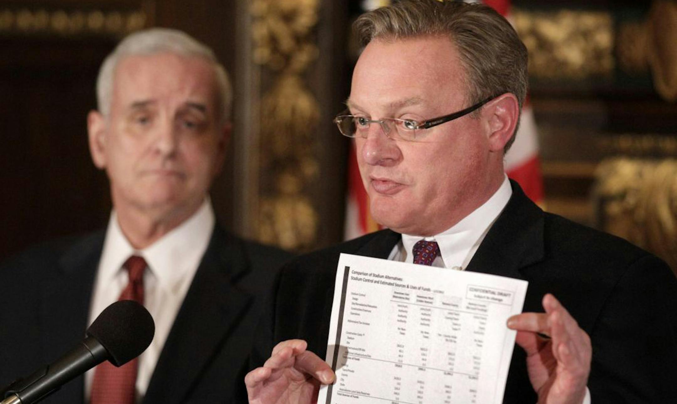 Gov. Mark Dayton said Wednesday he is leaning toward a site near the Basilica of St. Mary in downtown Minneapolis for a new Vikings stadium. Ted Mondale, the leader of Metropolitan Sports Facilities Commission, points to a chart showing the issues with each stadium site proposal.