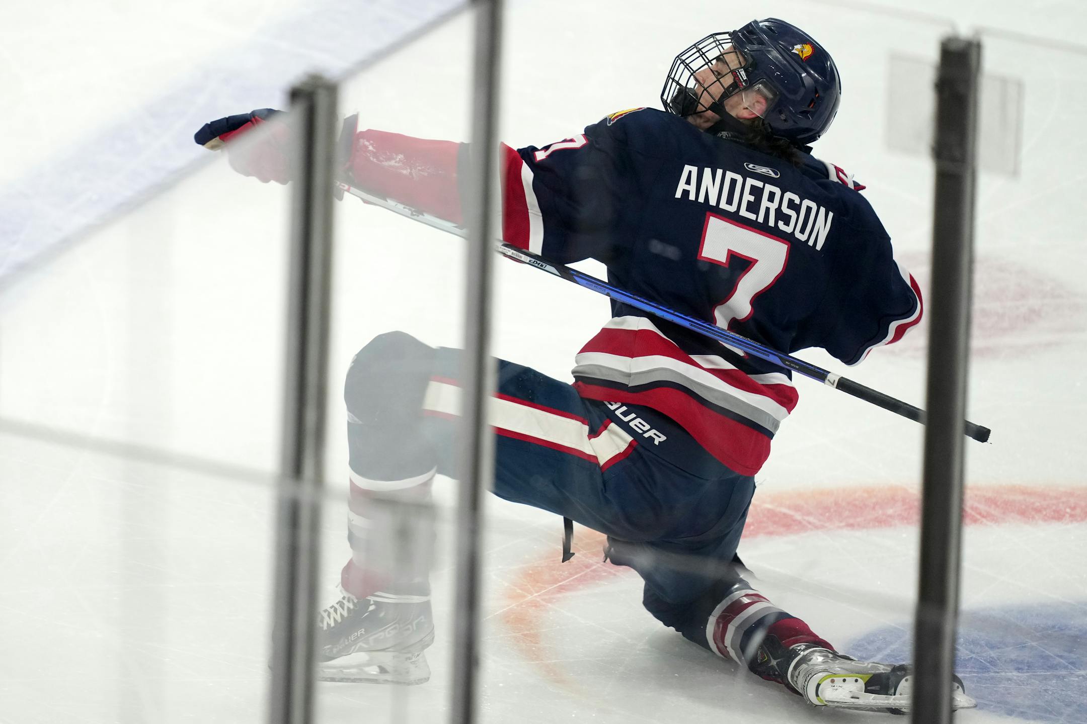 Orono forward Avery Anderson (7) celebrates after scoring past Warroad goaltender Hampton Slukynsky (1) in the third period.