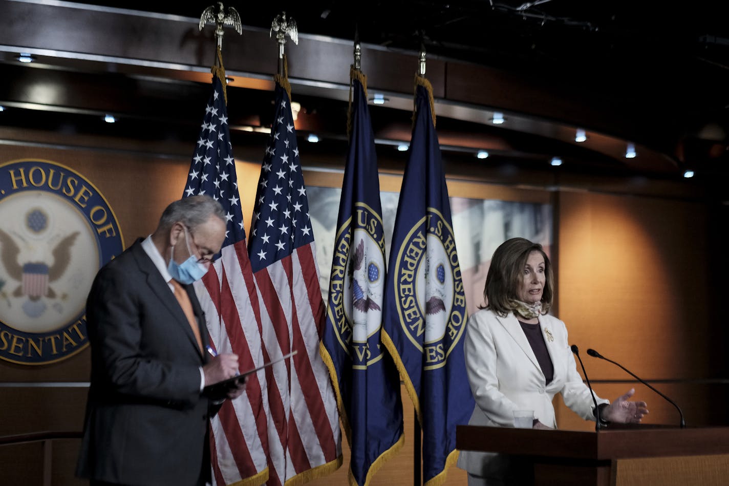 House Speaker Nancy Pelosi (D-Calif.) and Senate Minority Leader Chuck Schumer (D-N.Y.) conduct a news conference at the Capitol in Washington, on Aug. 6, 2020, as a stalemate continues in the coronavirus stimulus talks. (Gabriella Demczuk/The New York Times)