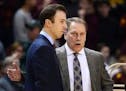 Gophers coach Richard Pitino, left, and Michigan State coach Tom Izzo found their teams at opposite ends of the unofficial Big Ten media's preseason b