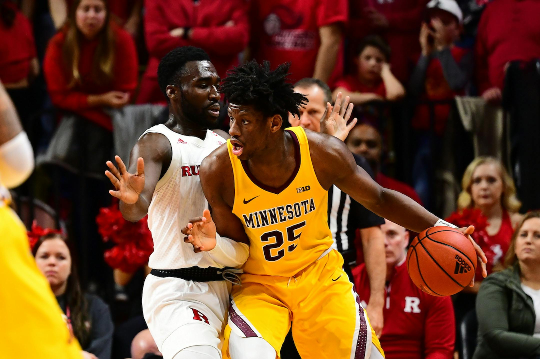 Gophers center Daniel Oturu went at Rutgers' Akwasi Yeboah on Sunday, Jan. 19, 2020, in Piscataway, N.J. The Scarlet Knights beat the Gophers 64-56.
Ben Solomon / Rutgers Athletics